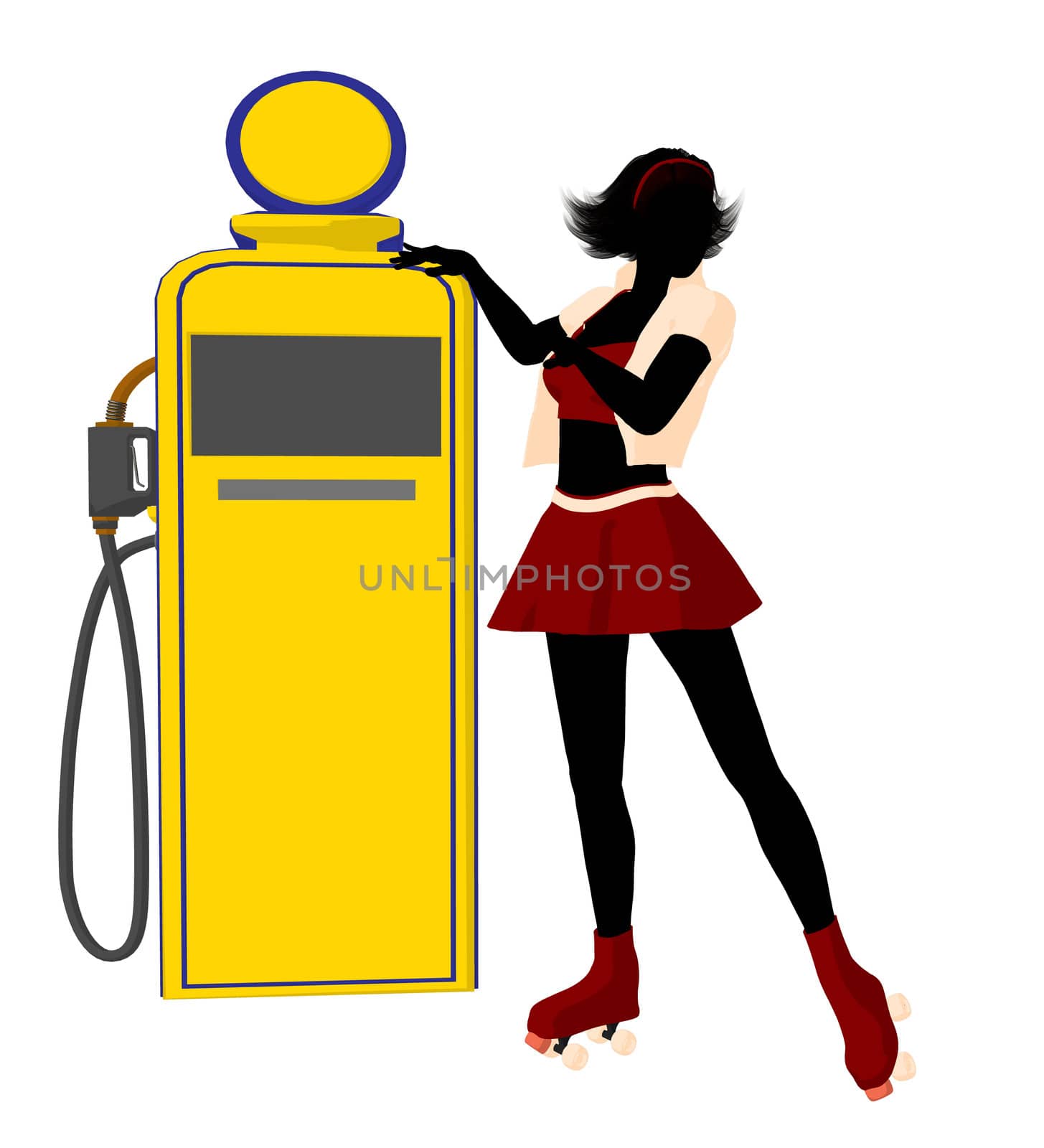 Girl on roller skates standing near a gas pump silhouette on a white background