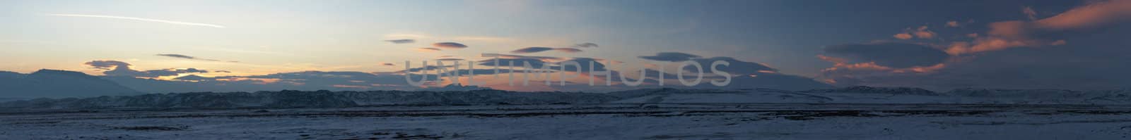 Winter sunset panorama from the valley to the south of Ararat. Mount Ararat (Agri Dagi) is an inactive volcano located near Iranian and Armenian borders and the tallest peak in Turkey.