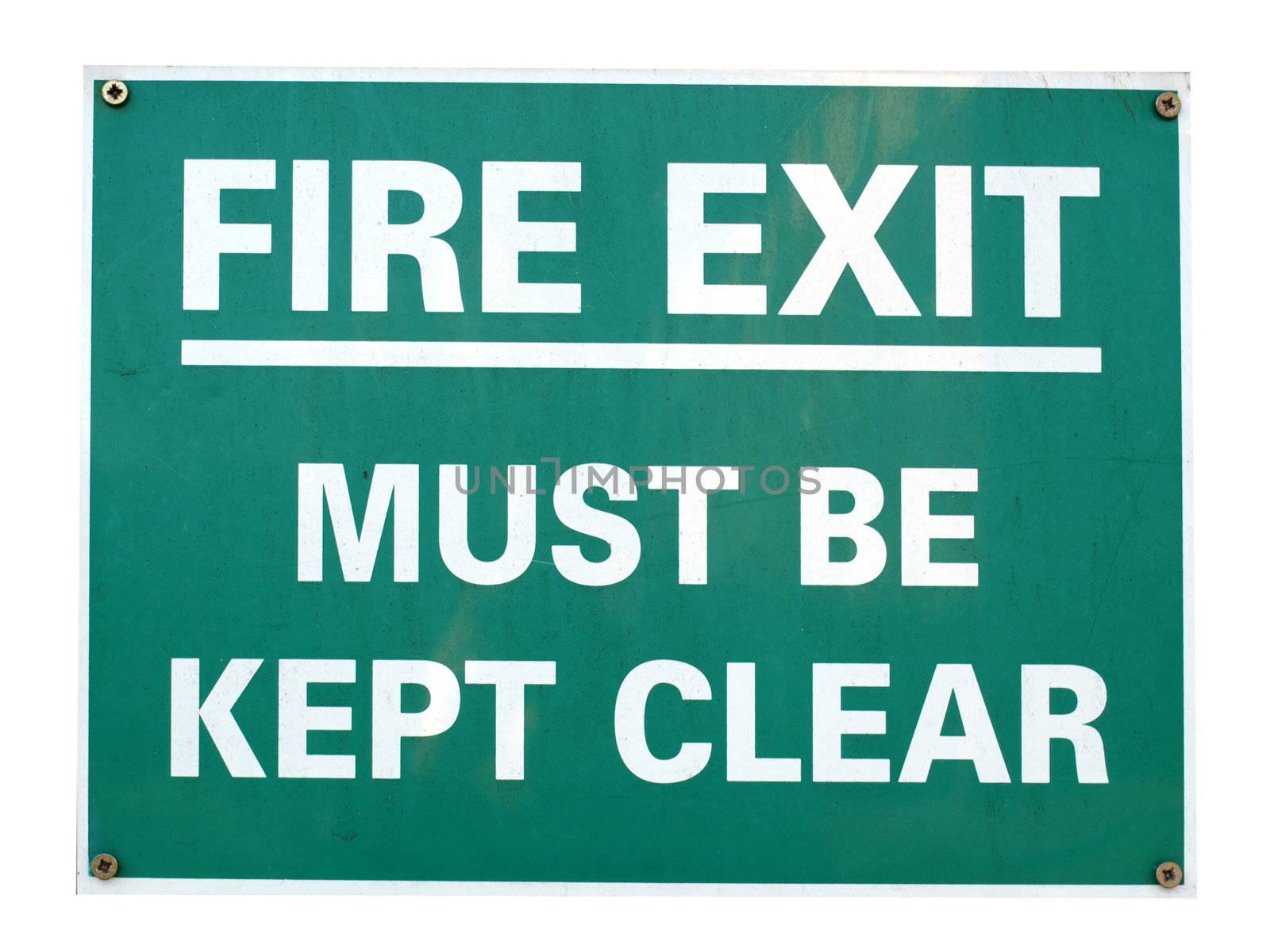 Fire exit sign with white text over green