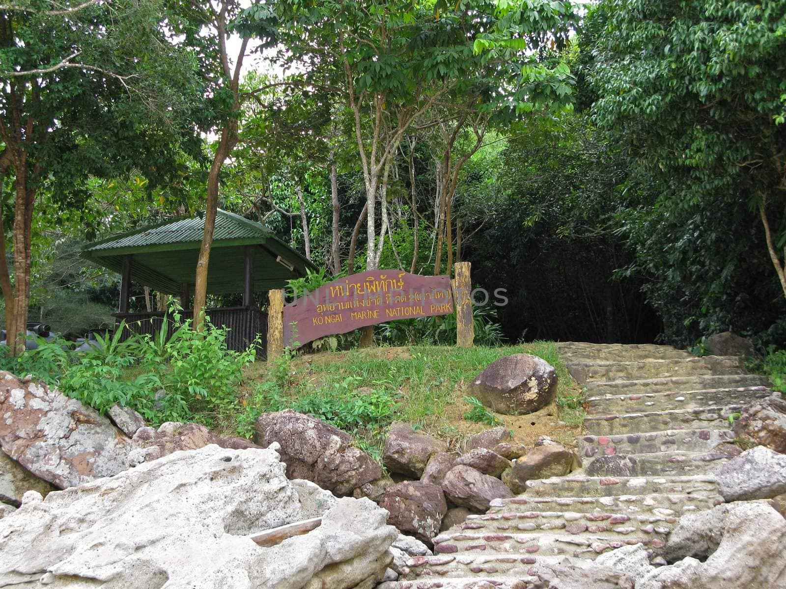 The entrance of Ko Ngai Marine National Park at the island Ko Ngai, located in the Andaman Sea. Ko Ngai is part of Trang province in Thailand.