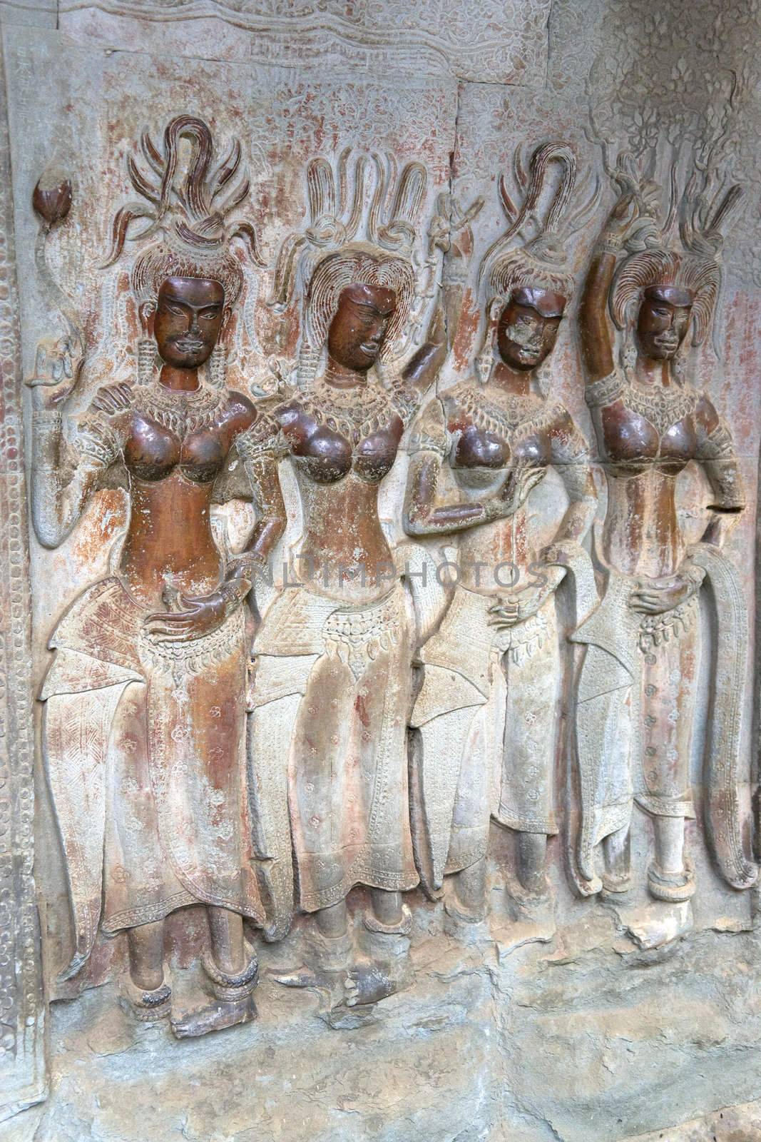 Ancient bas-relief at UNESCO's World Heritage Site of Angkor Wat, located at Siem Reap, Cambodia.