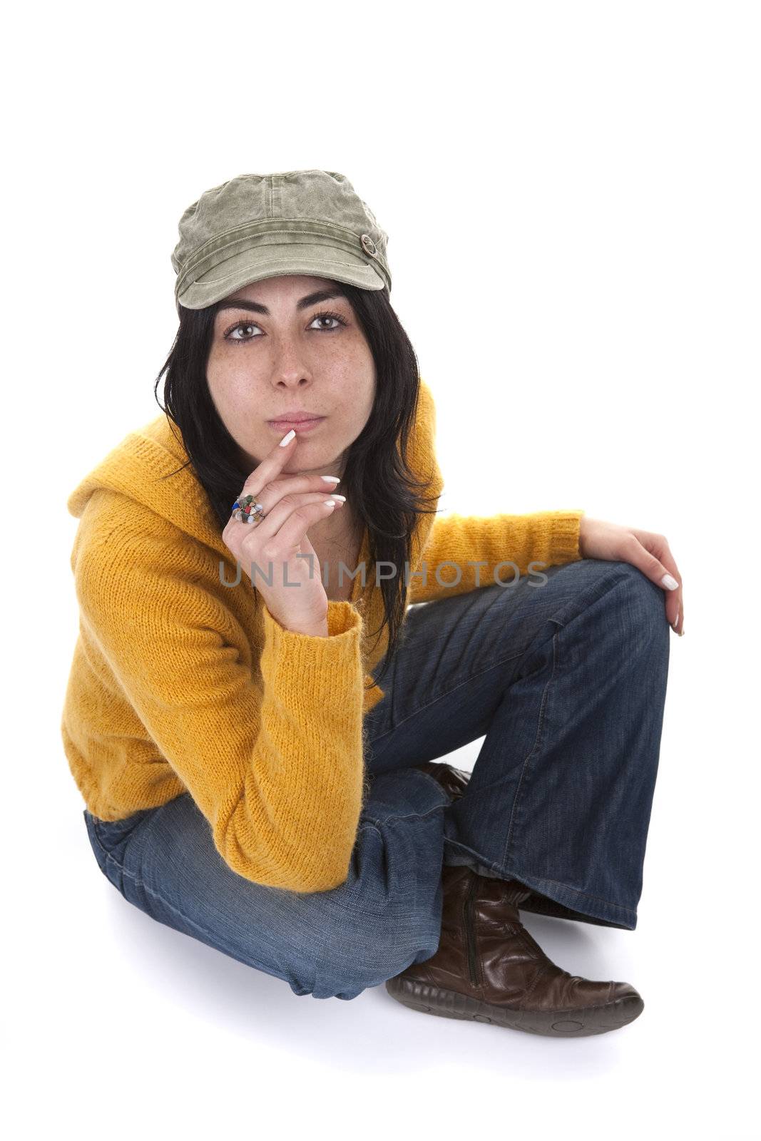 young casual woman with hat and yellow sweater by mlopes