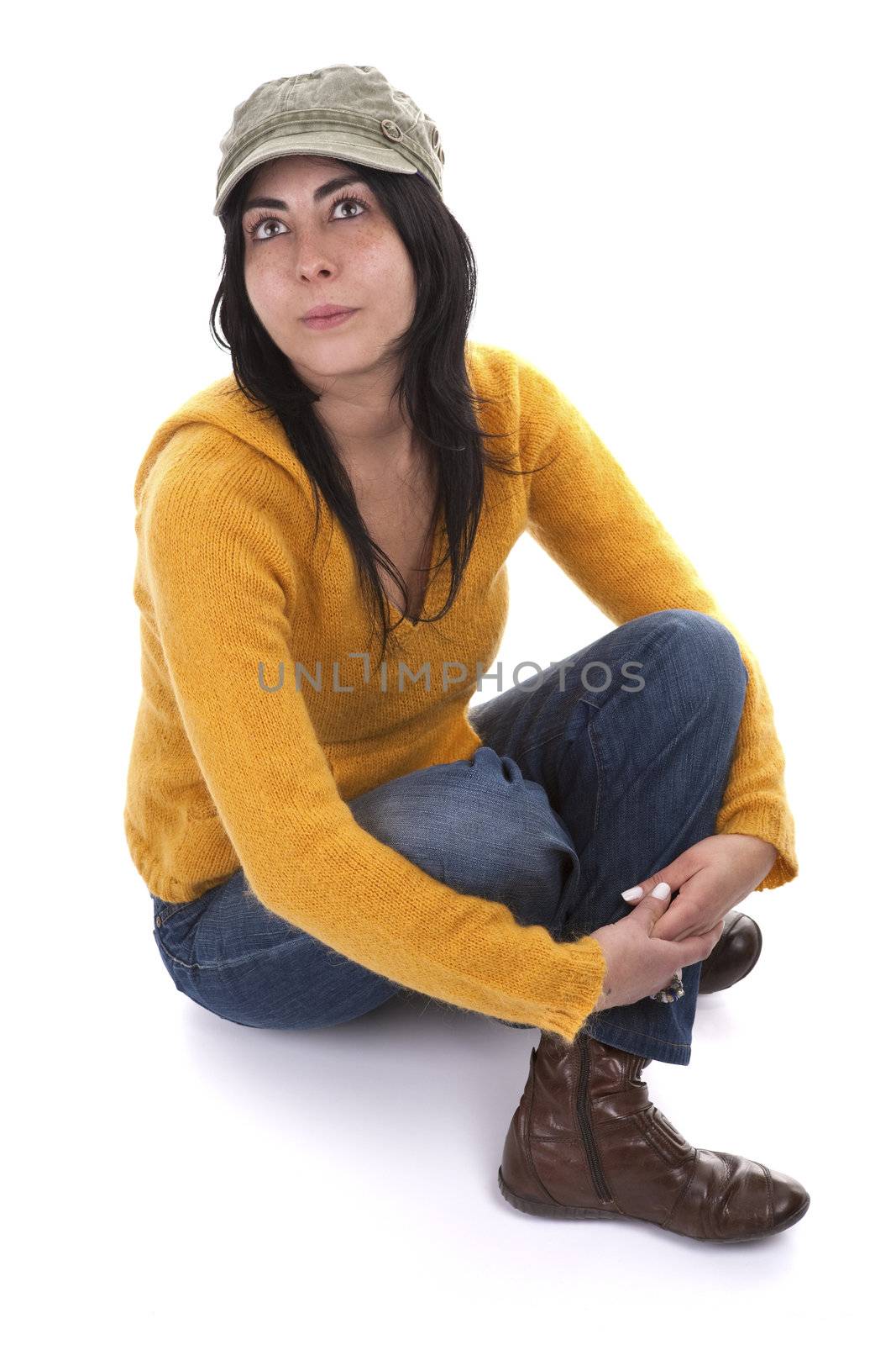 young casual woman with hat and yellow sweater - isolated on white background