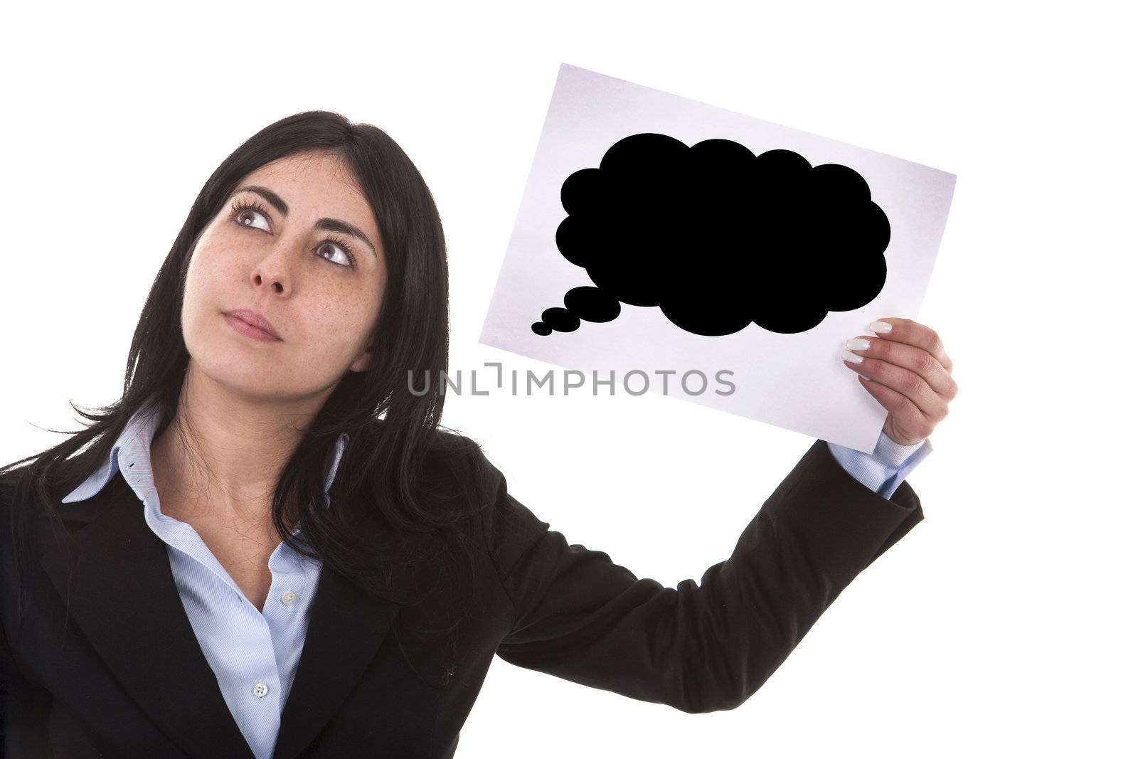 businesswoman holding speech balloon isolated on white background