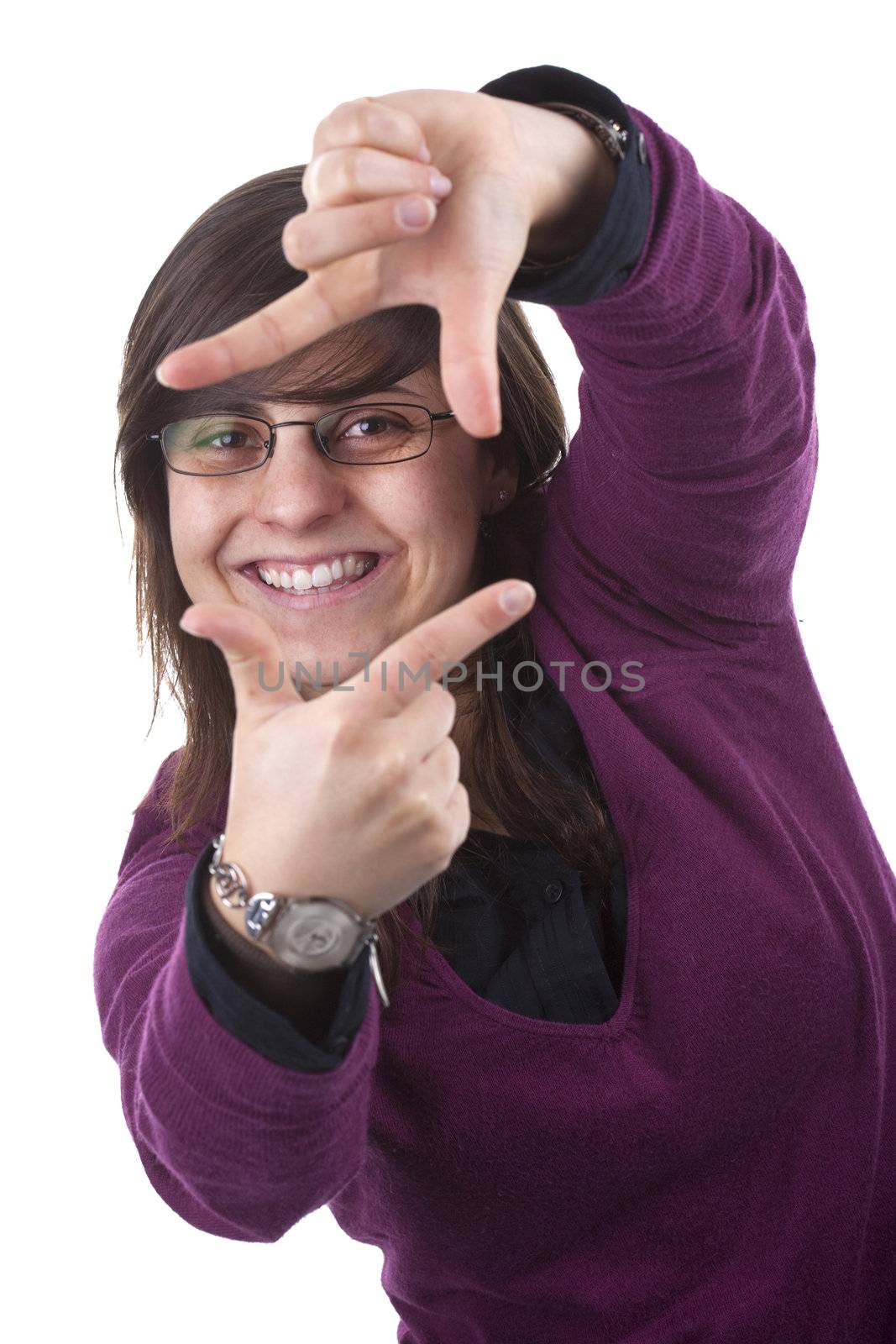 Young woman making film frame with her hands - isolated on white background
