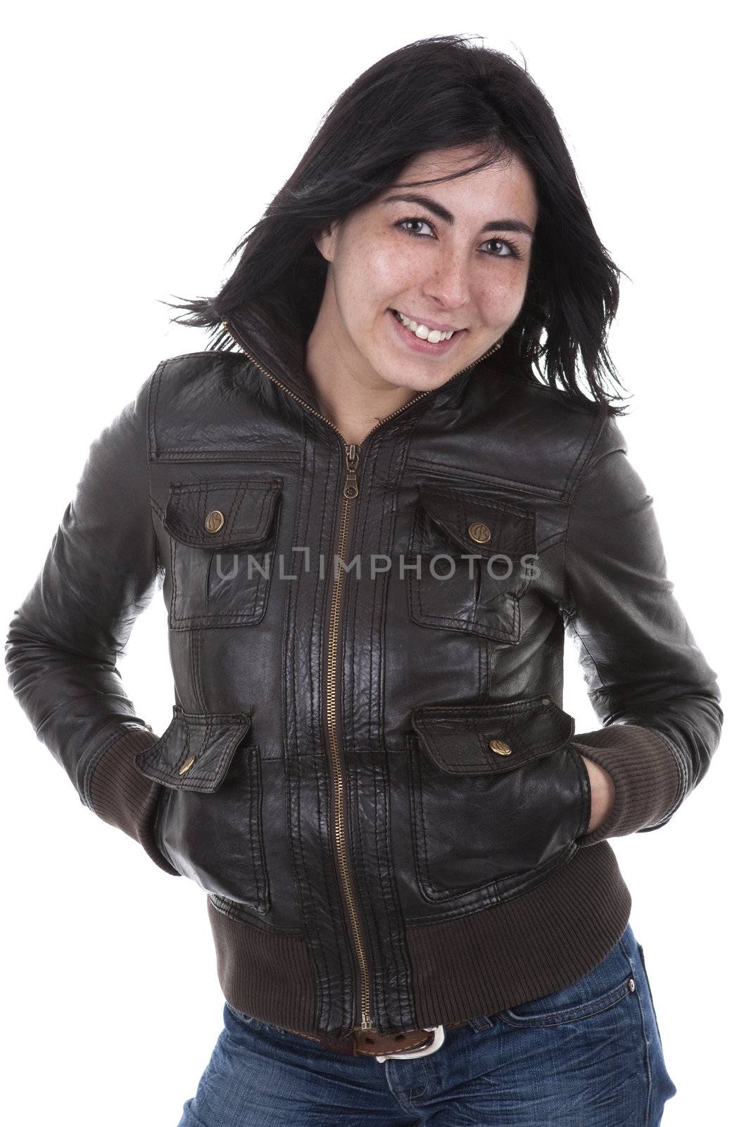 beautiful young woman smiling wearing leather jacket isolated on white background