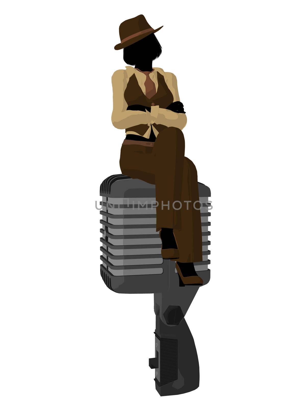 Female jazz musician on a microphone on a white background