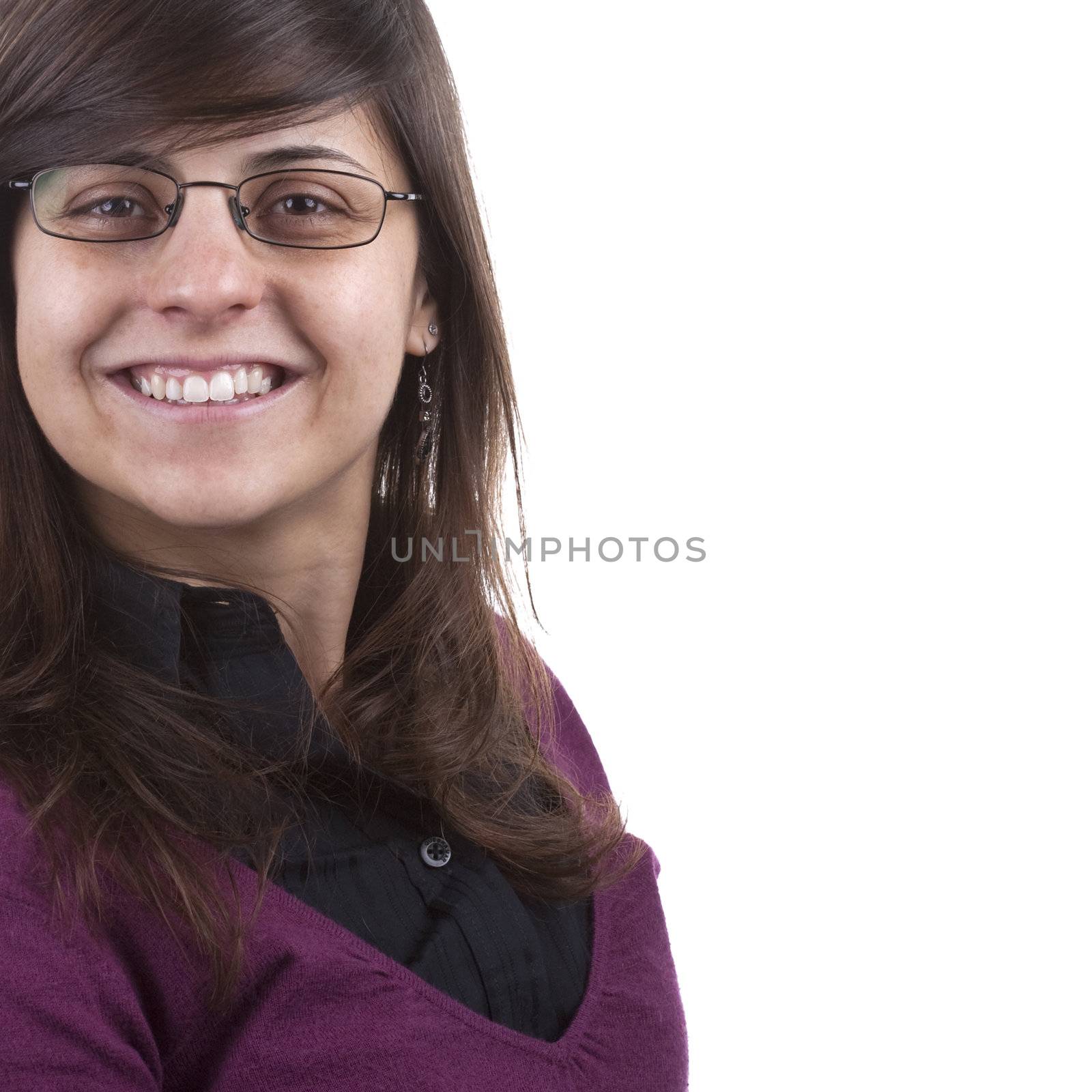 young beautiful businesswoman with glasses isolated on white background