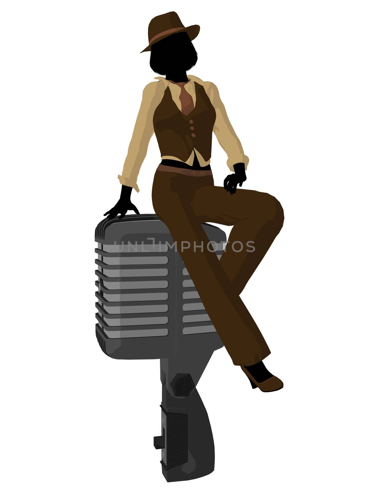 Female jazz musician on a microphone on a white background