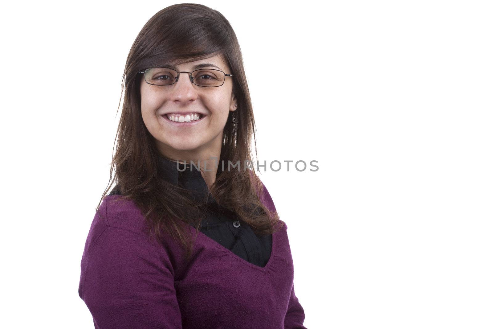 young beautiful businesswoman with glasses isolated on white background