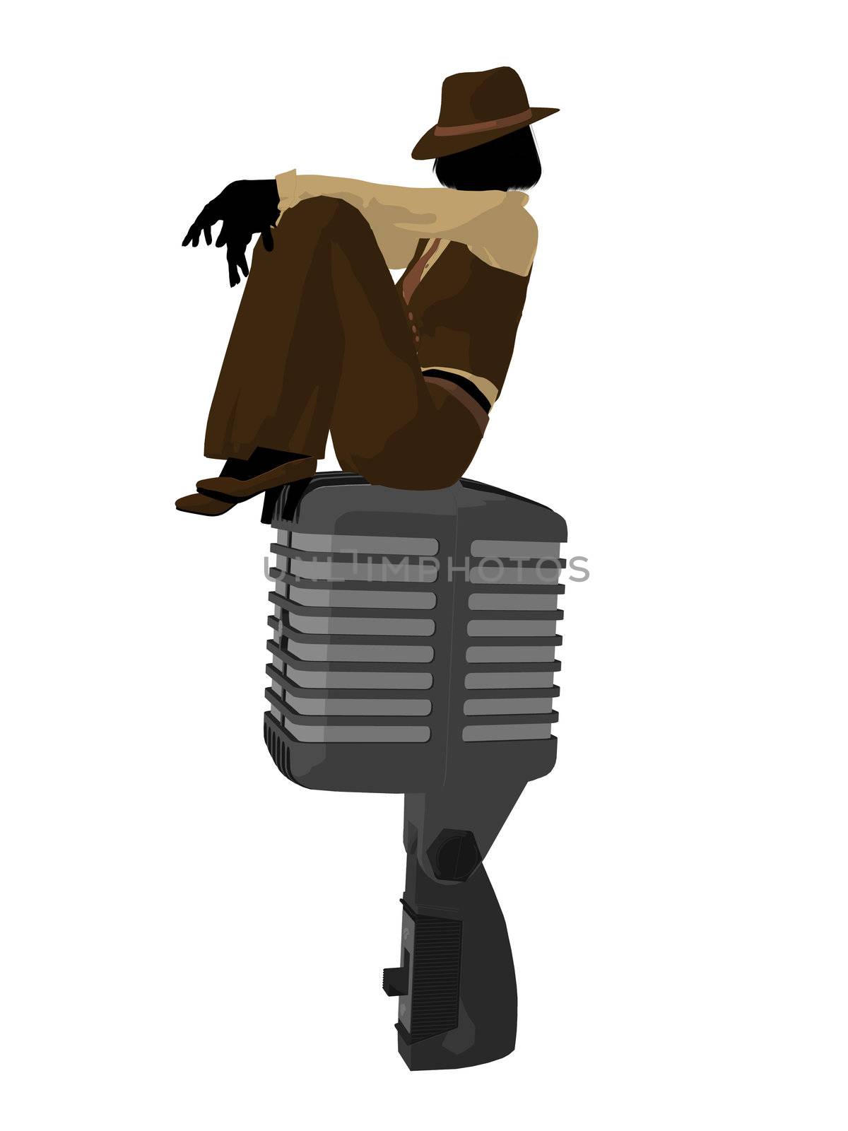 Female jazz musician on a microphone on a white background