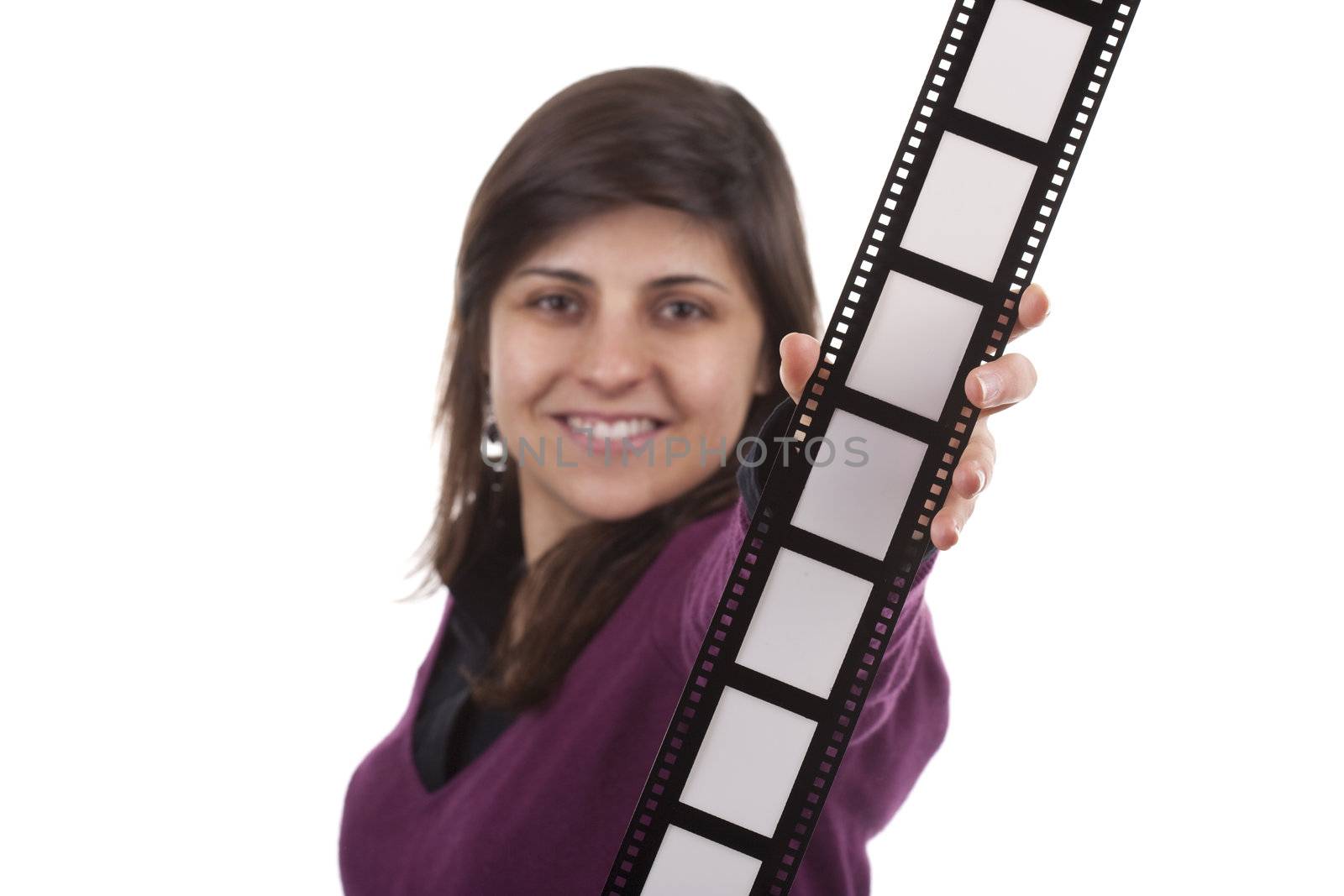 young woman holding film photo frame isolated on white backgroun by mlopes