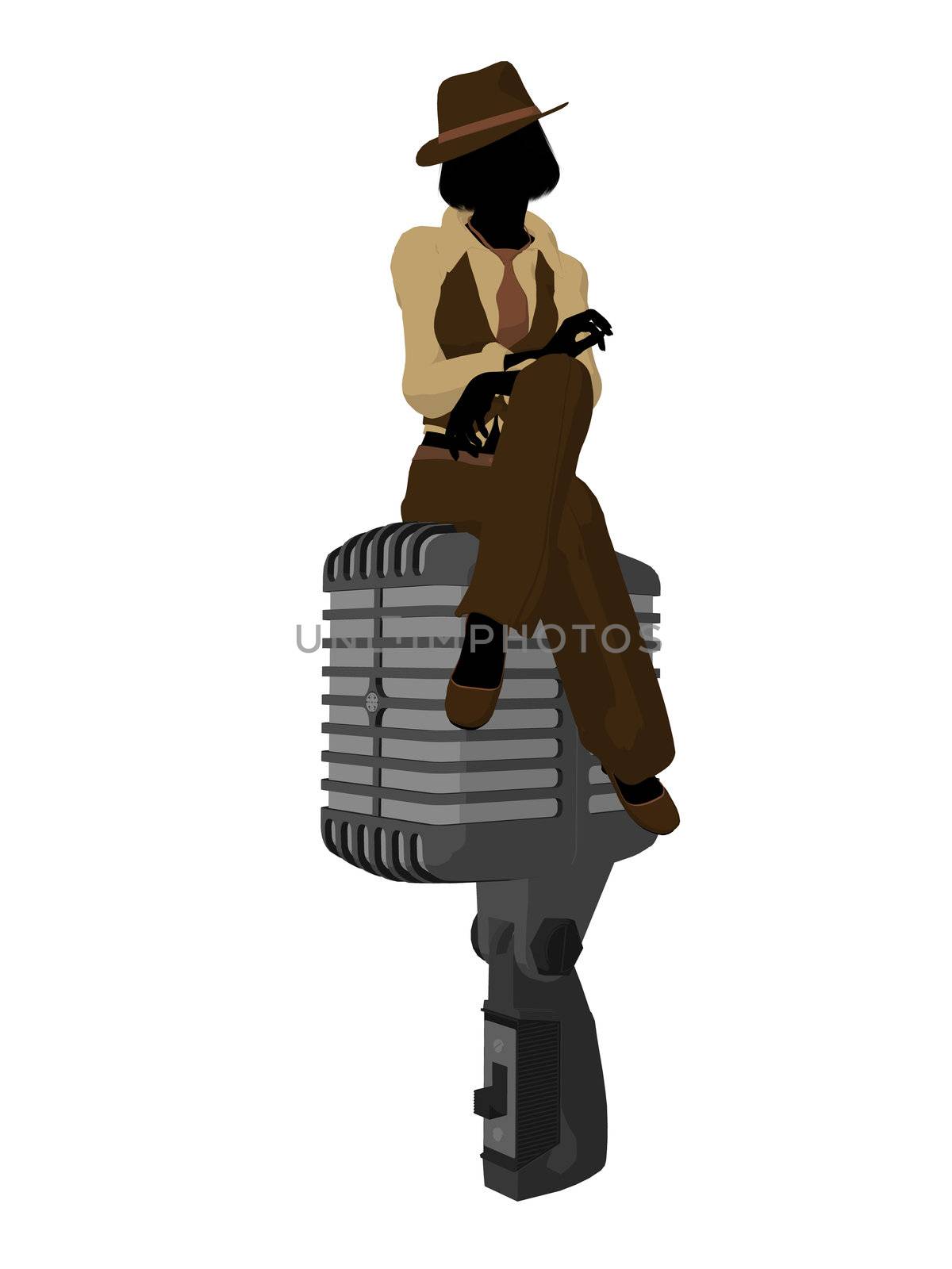 Female jazz musician on a microphone on a white background