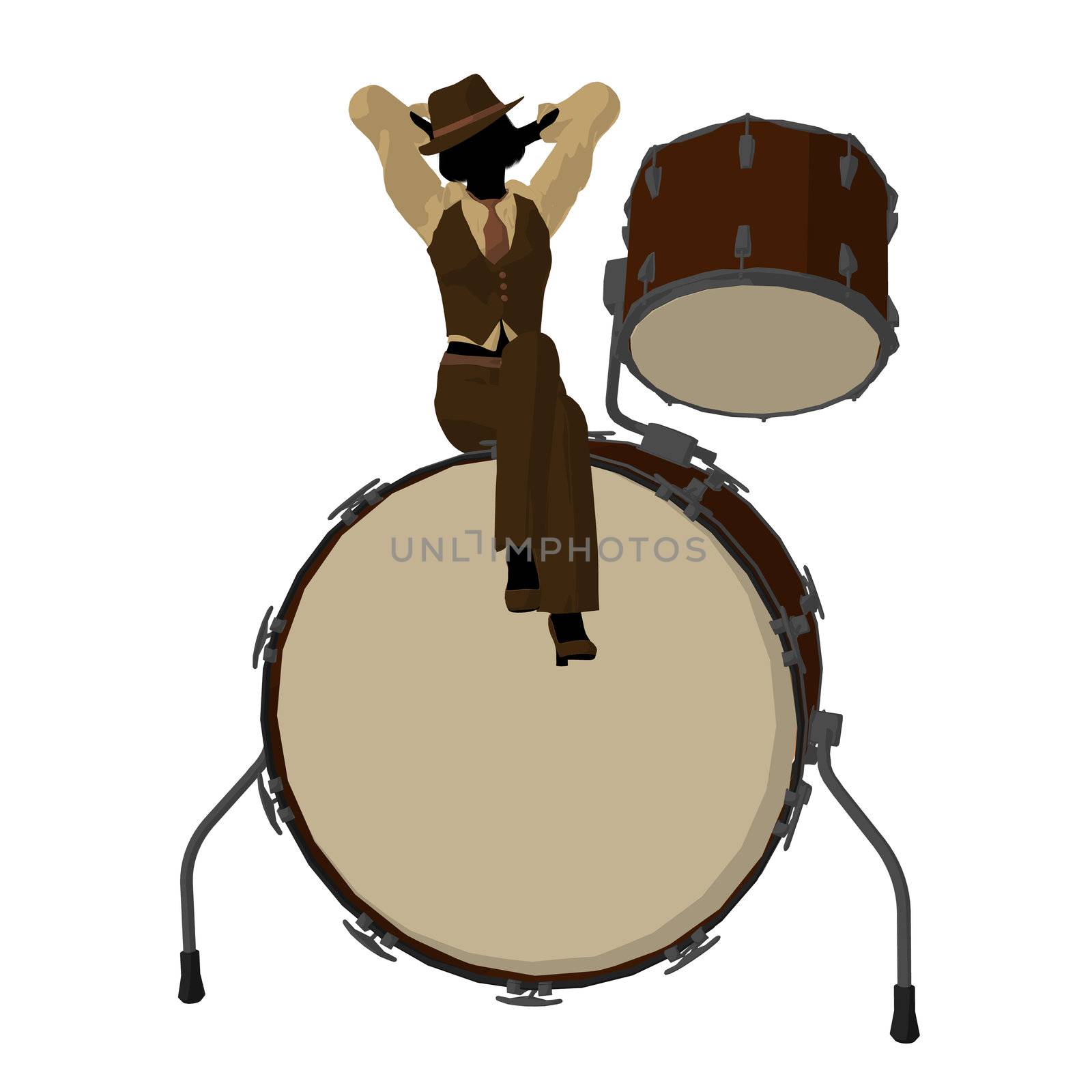 Female jazz player on drums on a white background