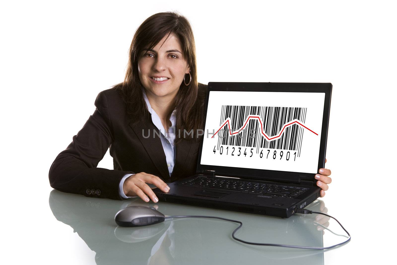 businesswoman showing sales graphic on laptop computer - isolated on white background