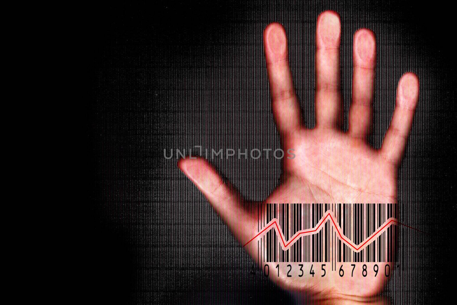 Human hand beeing scanned with barcode halogram  - futuristic and security concept