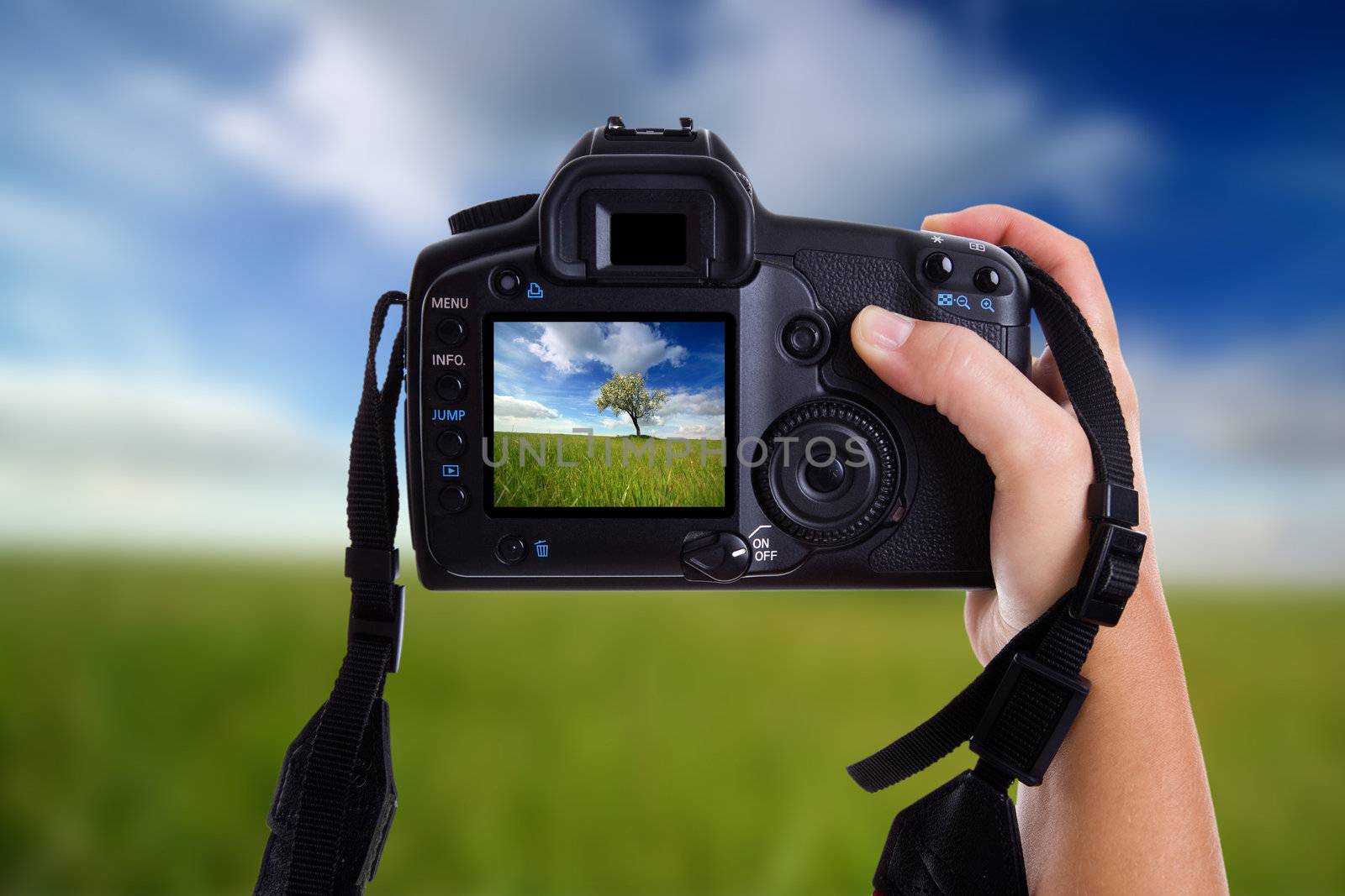 woman taking a landscape photography with a digital photo camera - OOF background to enphasize the viewfinder image in focus