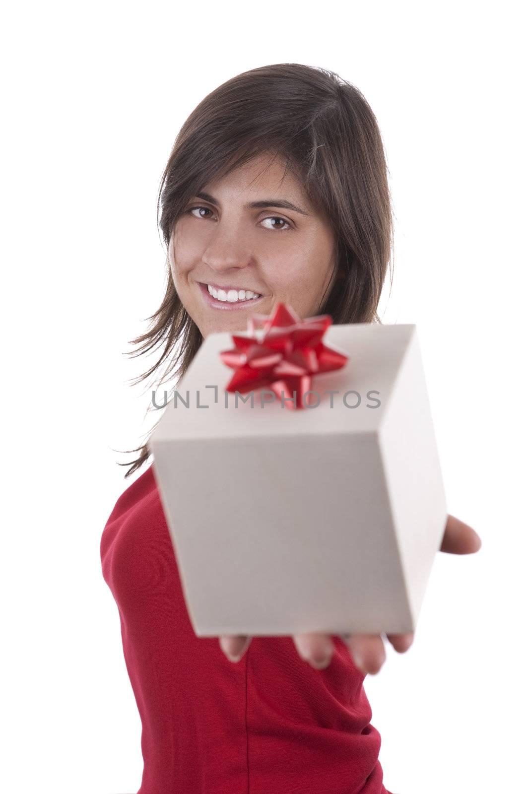 beautiful young woman with valentine present box isolated on white background