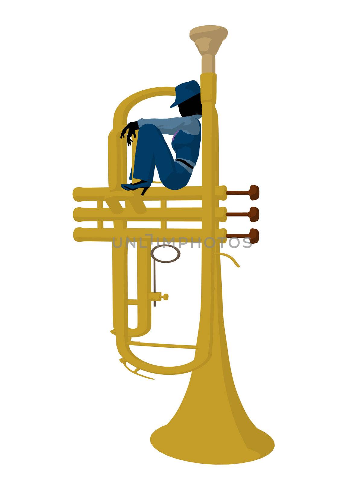 African american jazz musician on a trumpet on a white background