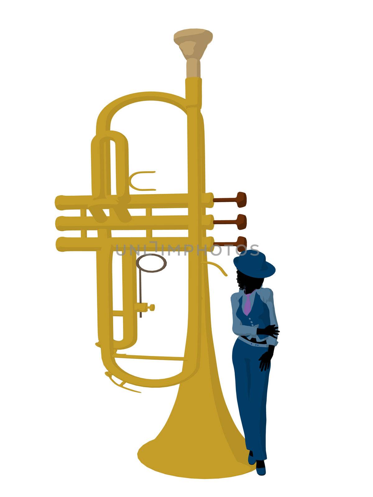 African american jazz musician on a trumpet on a white background