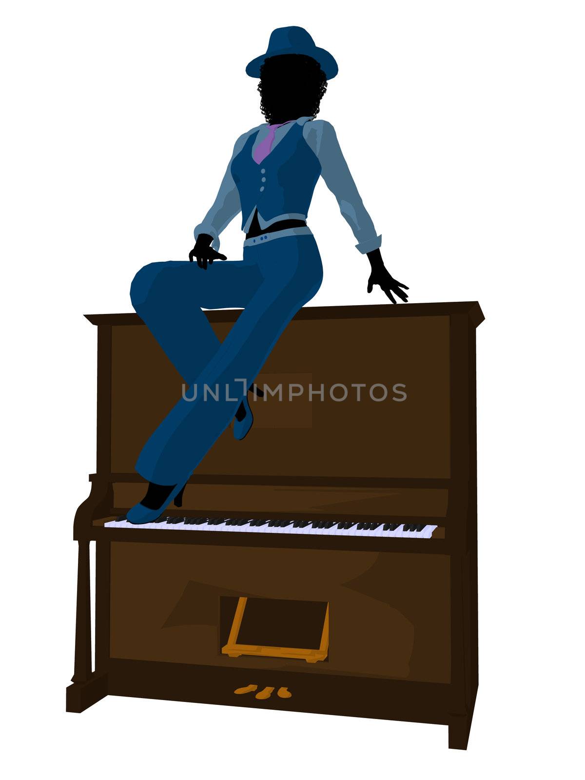 African american jazz musician on a piano on a white background