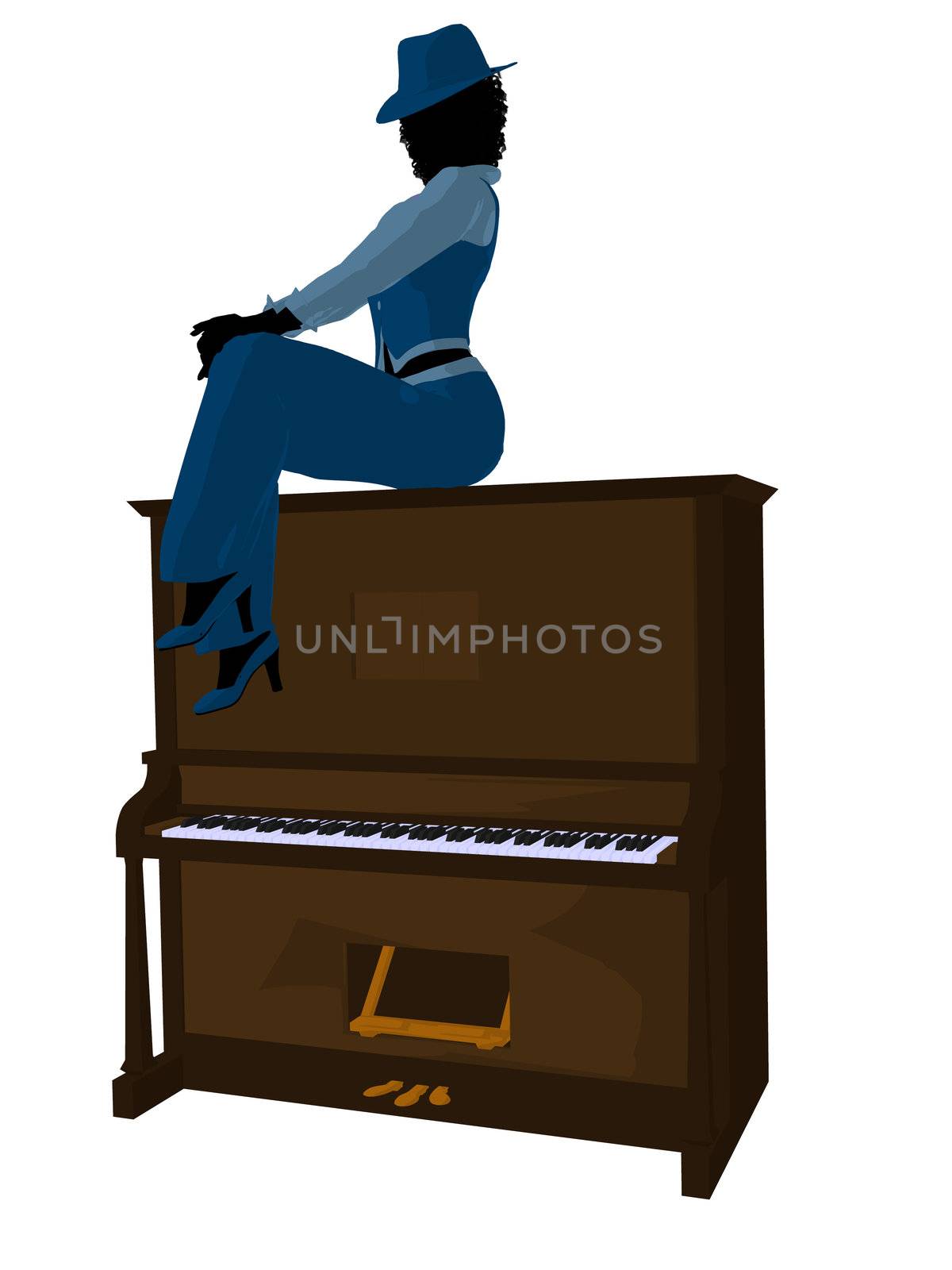 African american jazz musician on a piano on a white background