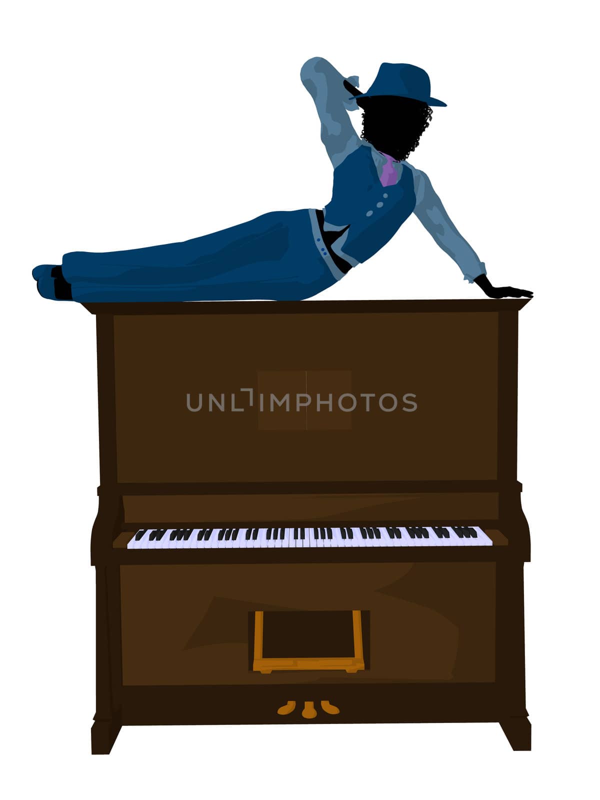 African american jazz musician on a piano on a white background