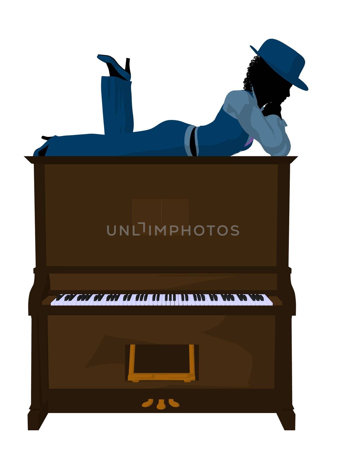 African american jazz musician on a piano on a white background