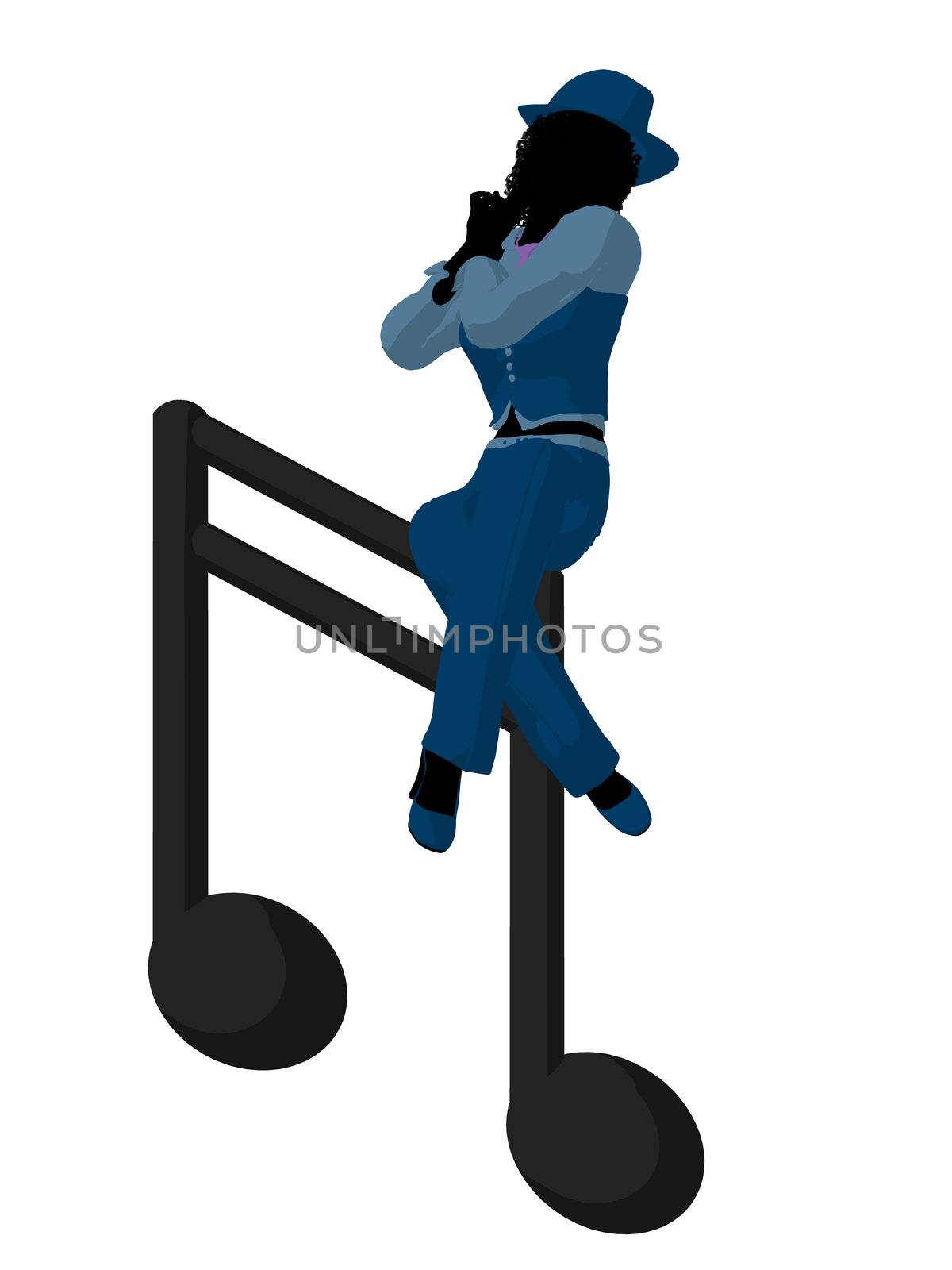 African ameircan jazz musician on a music note on a white background