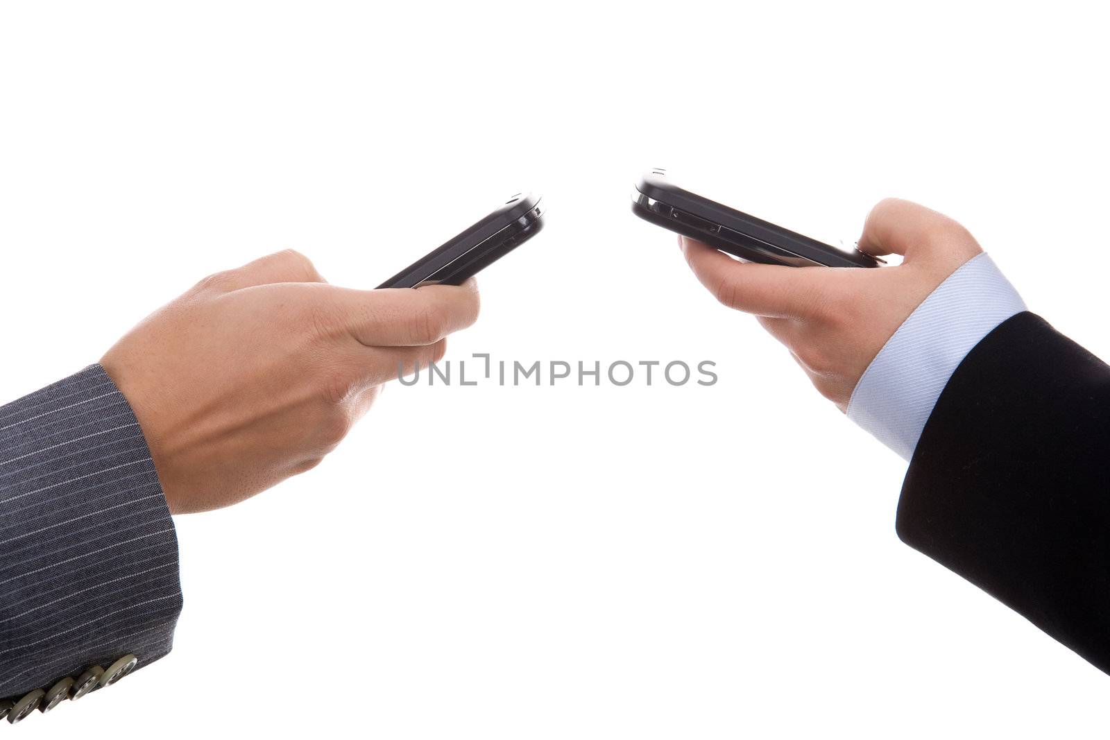 businesswomen holding mobile phones isolated on white background