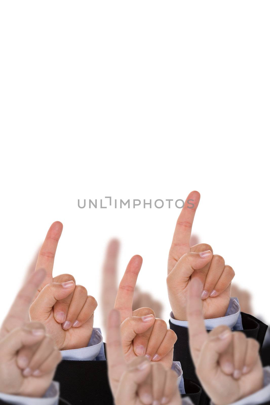 multiple hands pointing isolated on white background