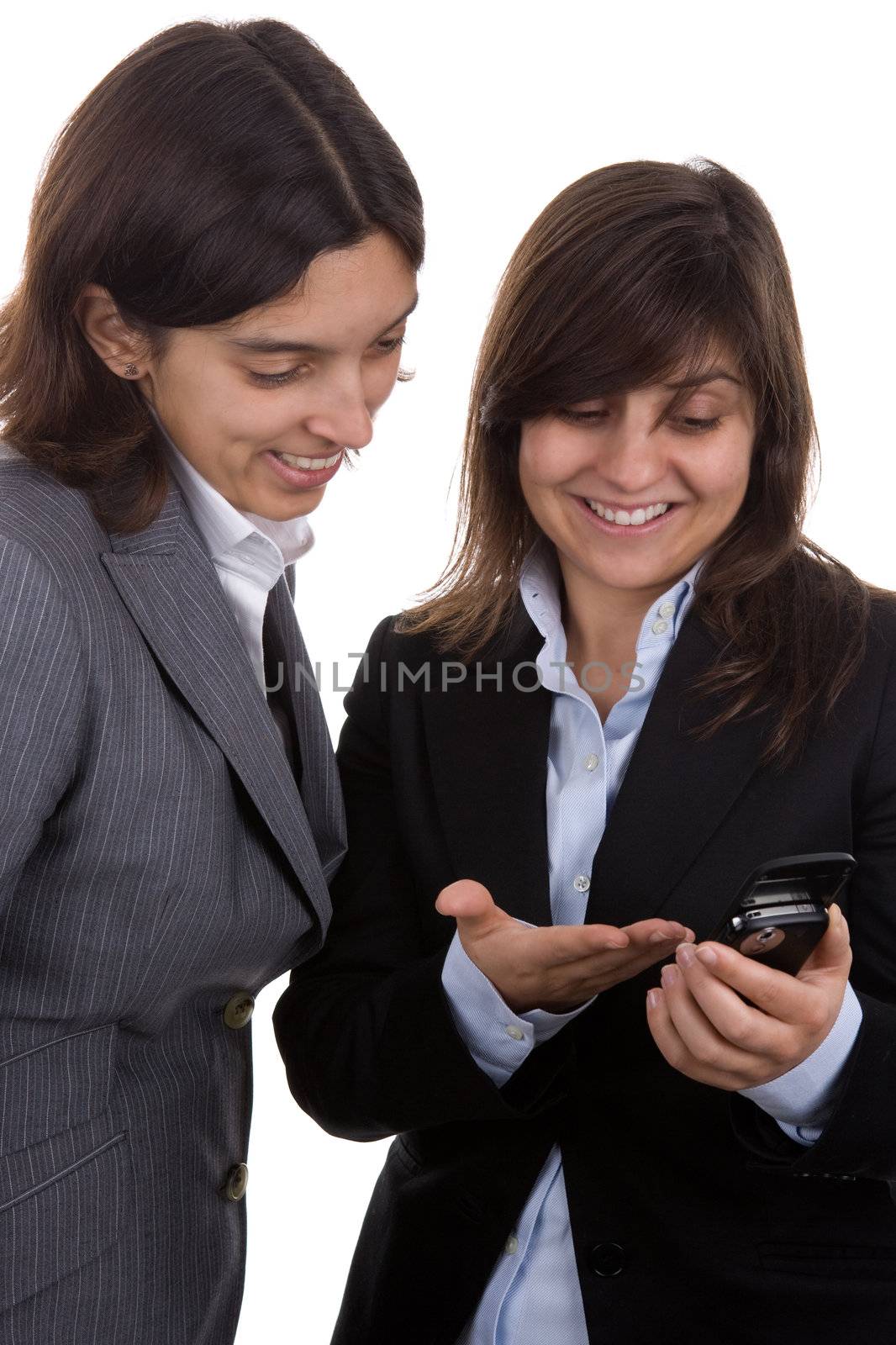 businesswoman with team partner looking at mobile phone by mlopes