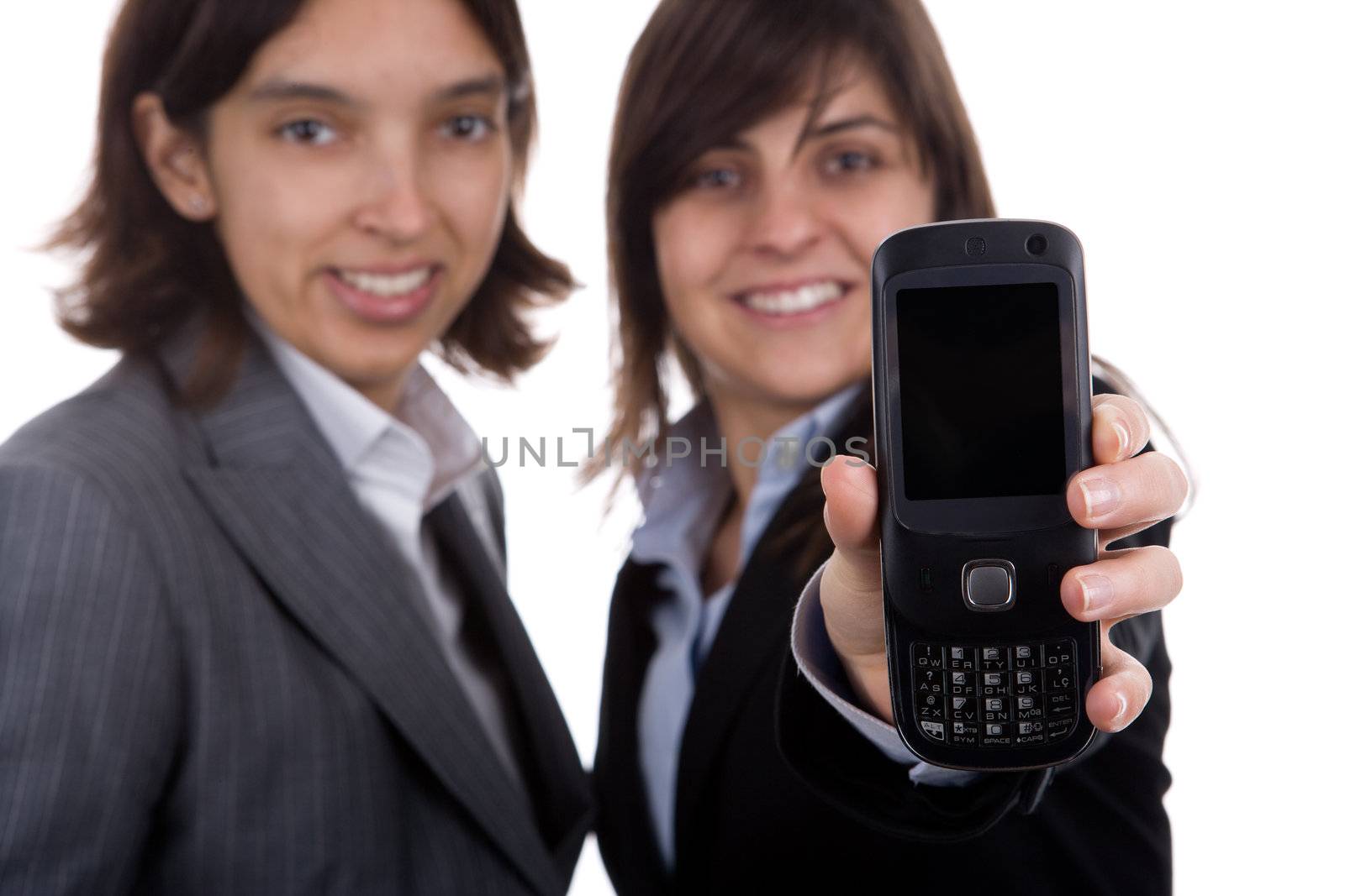 businesswoman holding mobile phone isolated on white background