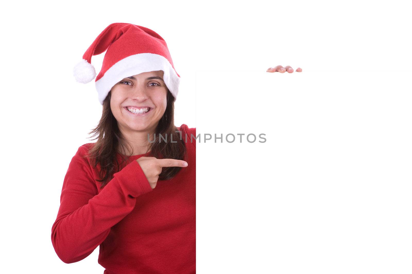 beautiful santa woman holding white frame with copyspace isolated on white background