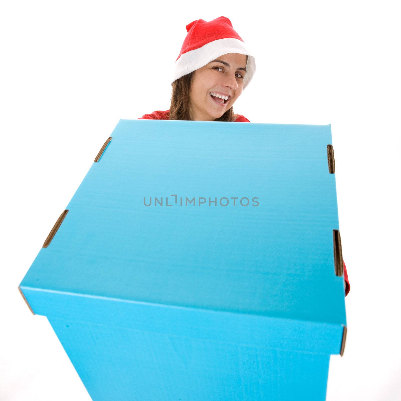 young santa woman celebrating christmas holding big present box by mlopes