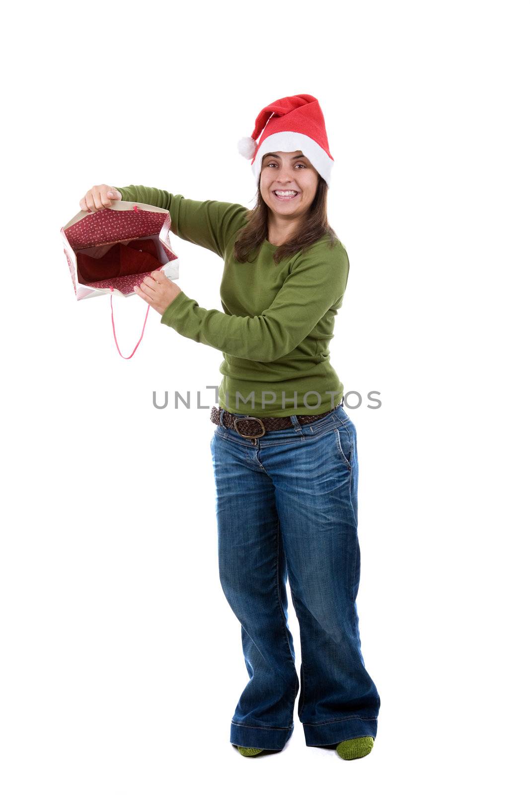 young santa woman celebrating christmas holding present bag by mlopes
