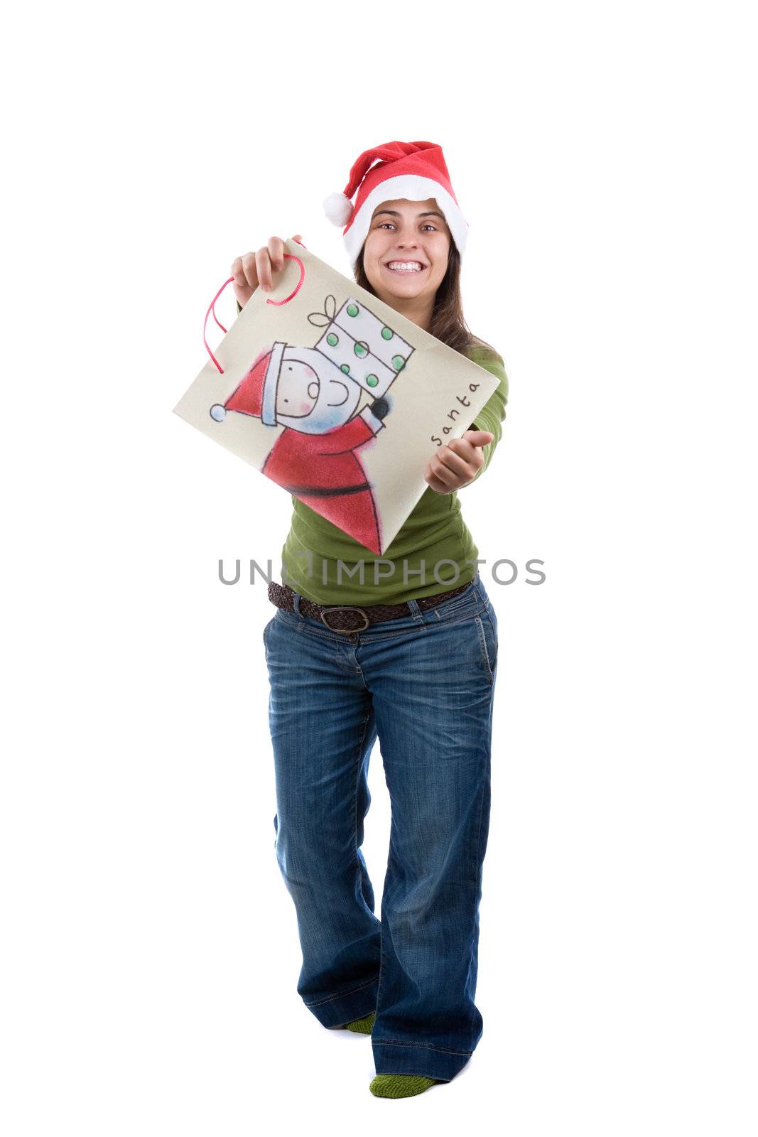 young santa woman celebrating christmas holding present bag. isolated on white background.