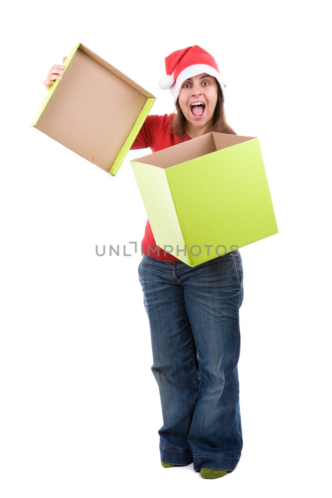 surprised santa woman with opening christmas present. isolated on white background.