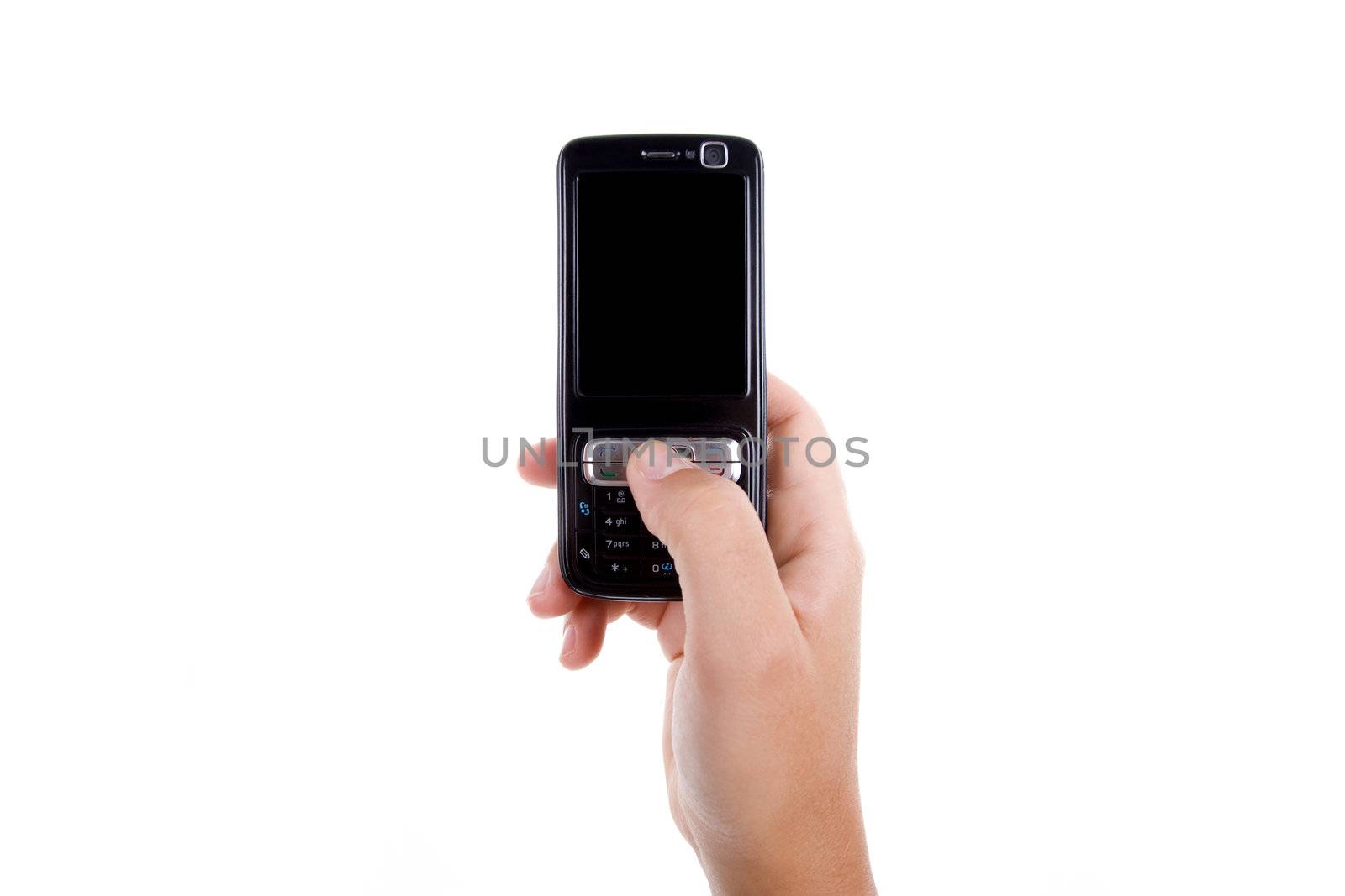 woman hand holding mobile phone isolated on white background. landscape orientation.