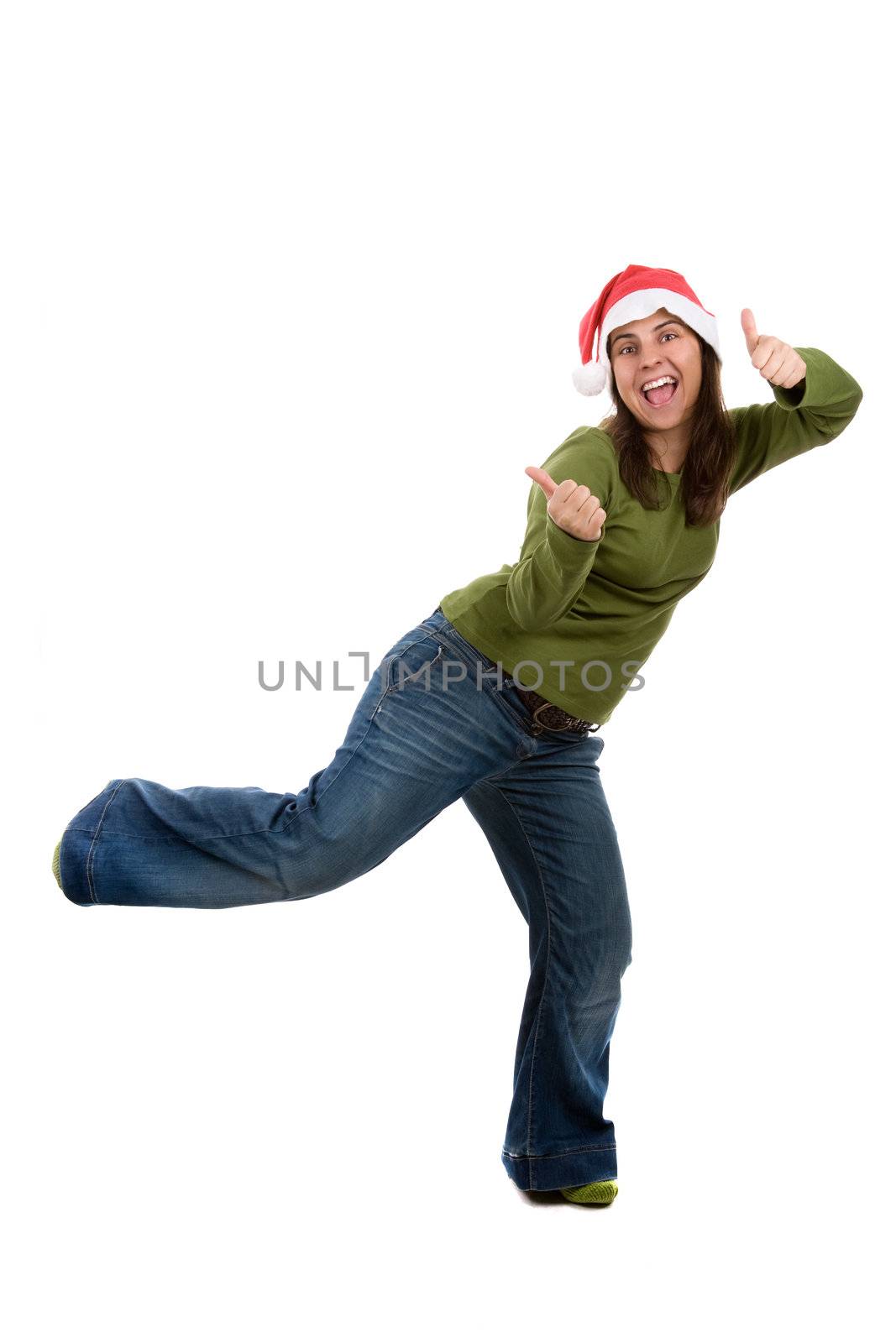 young santa woman celebrating christmas holiday. isolated on white background. portrait orientation.