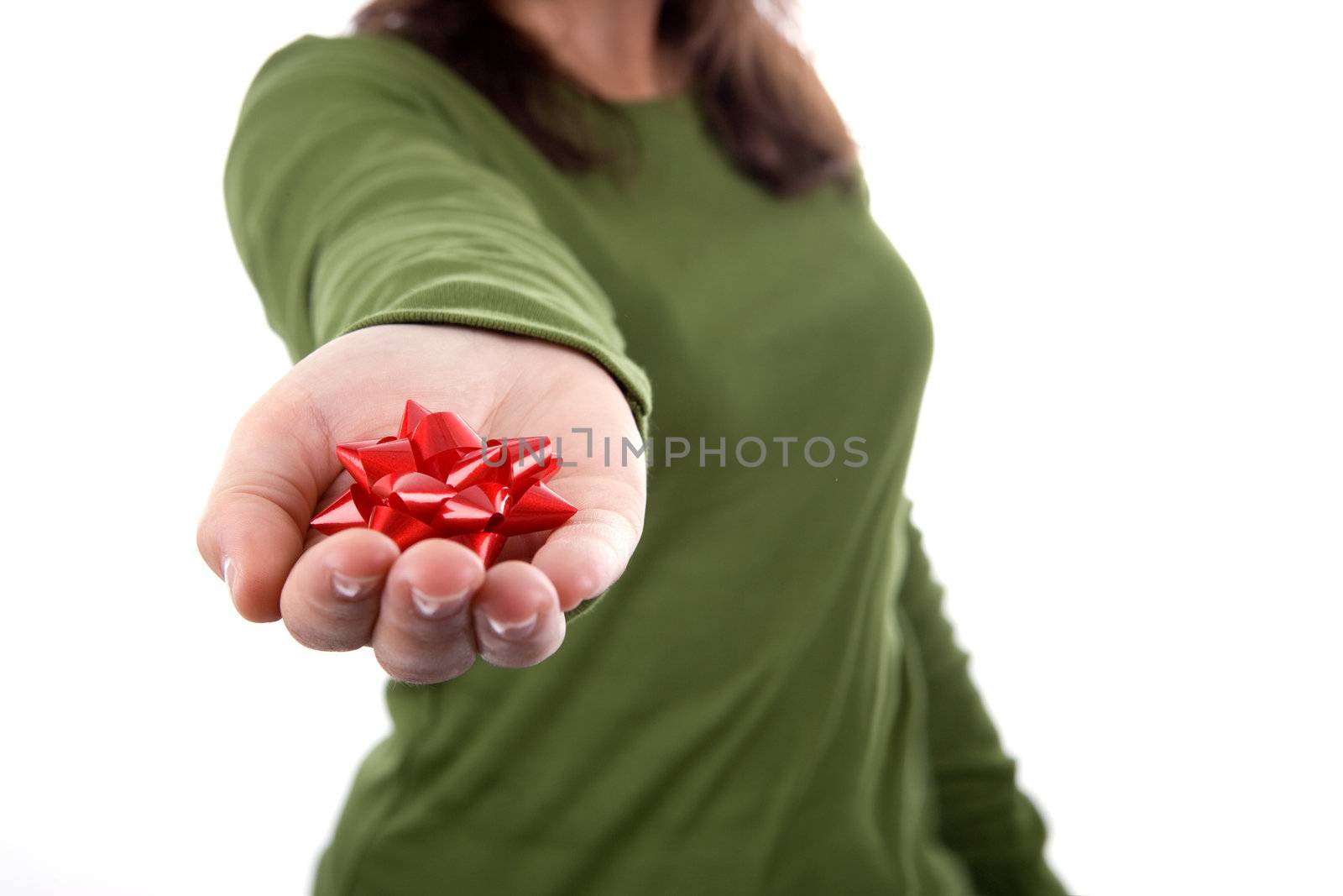 woman in green shirt holding red ribbon in the hand by mlopes