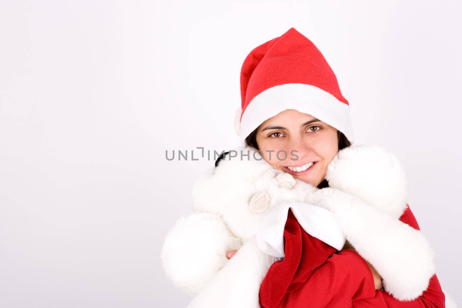 young santa woman celebrating christmas holidays holding a toy dog. Landscape orientation.