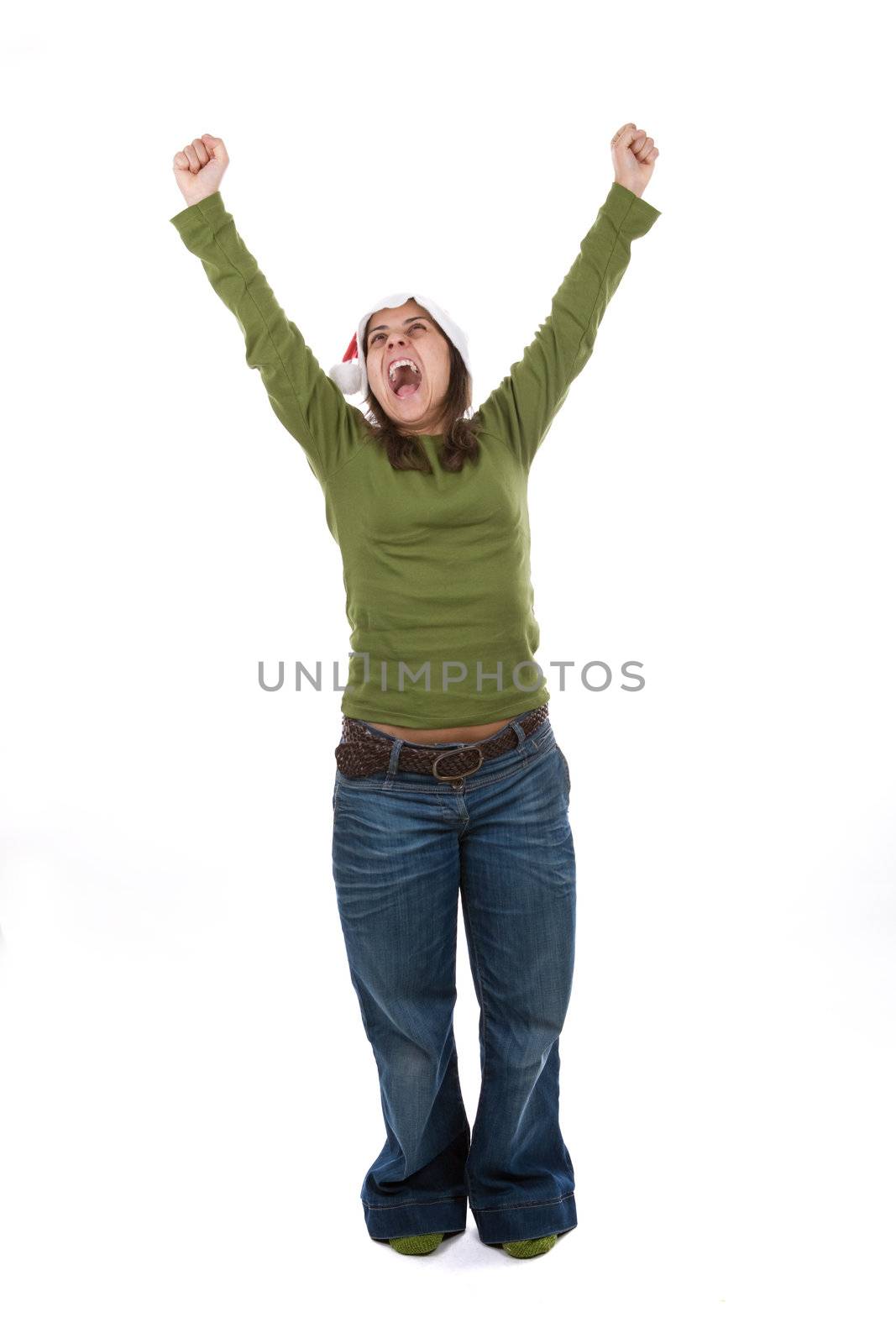 Young santa woman celebrating christmas holiday. isolated on white background. portrait orientation.