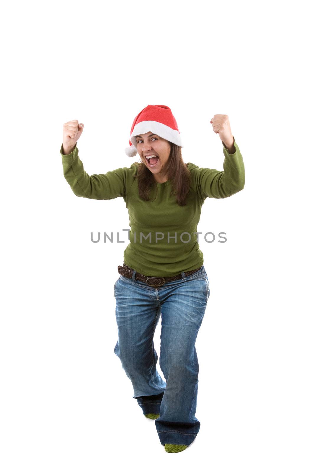 young santa woman celebrating christmas holiday. isolated on white background. portrait orientation.