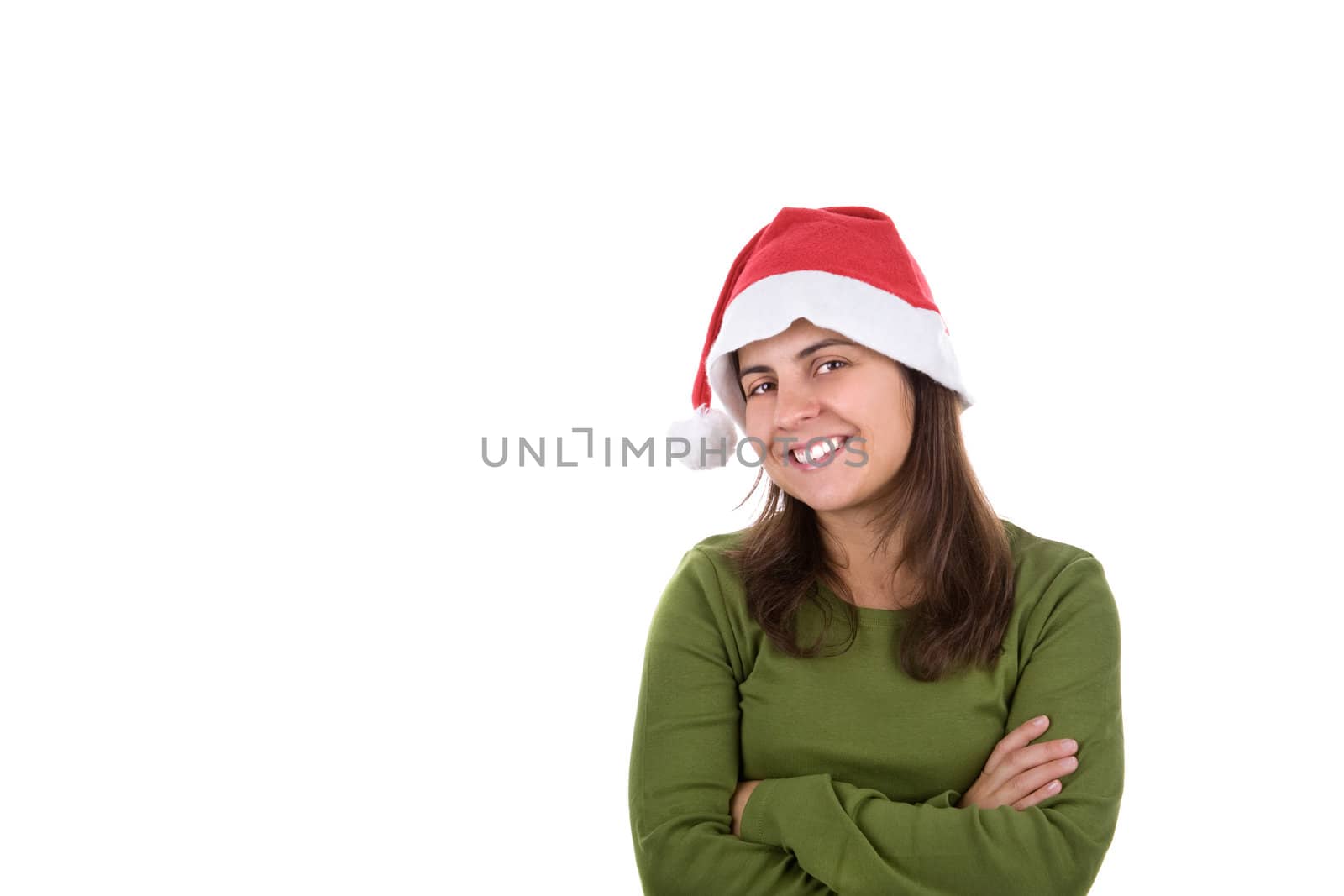 young santa woman in christmas outfit isolated in white backgrou by mlopes