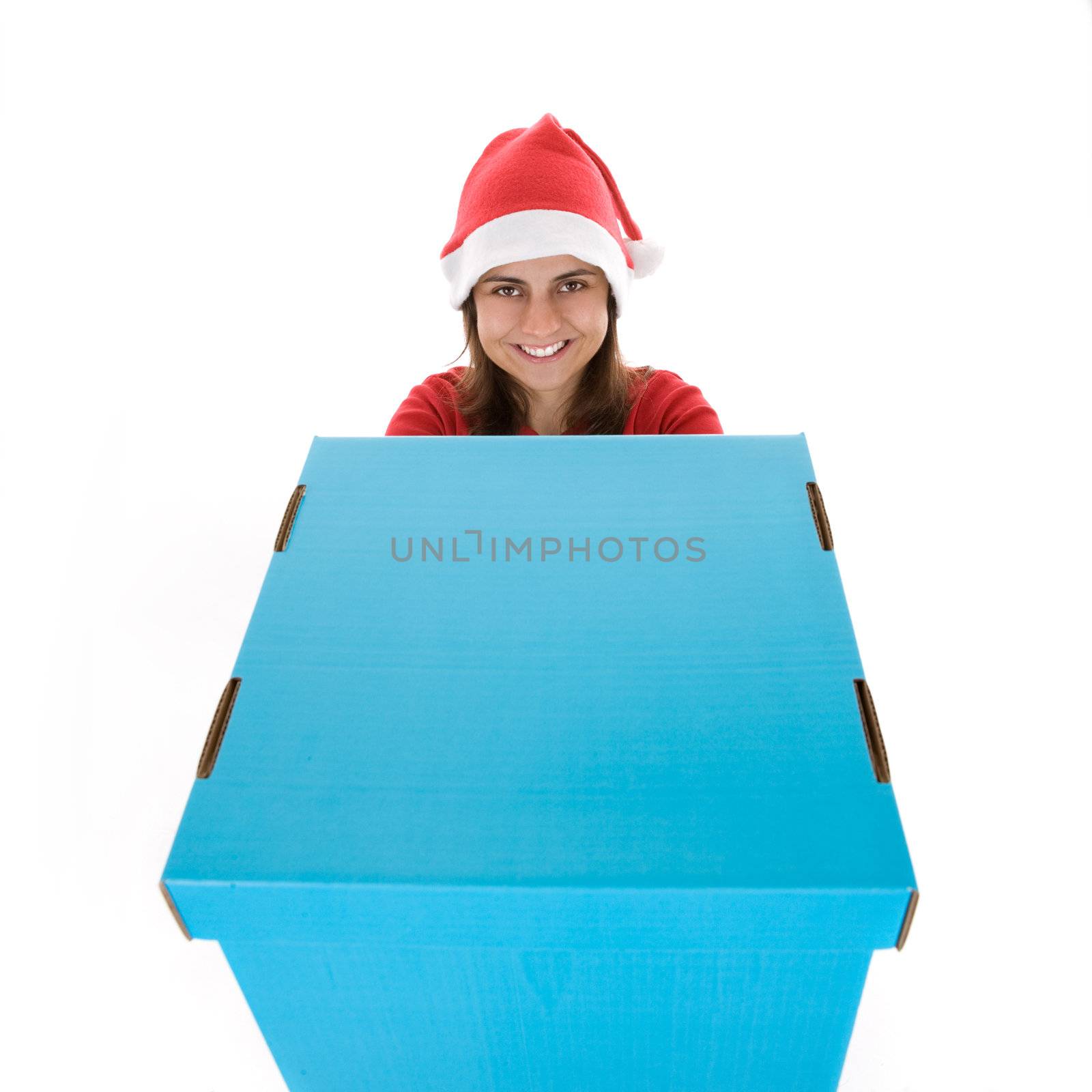 young santa woman holding giant blue present box by mlopes