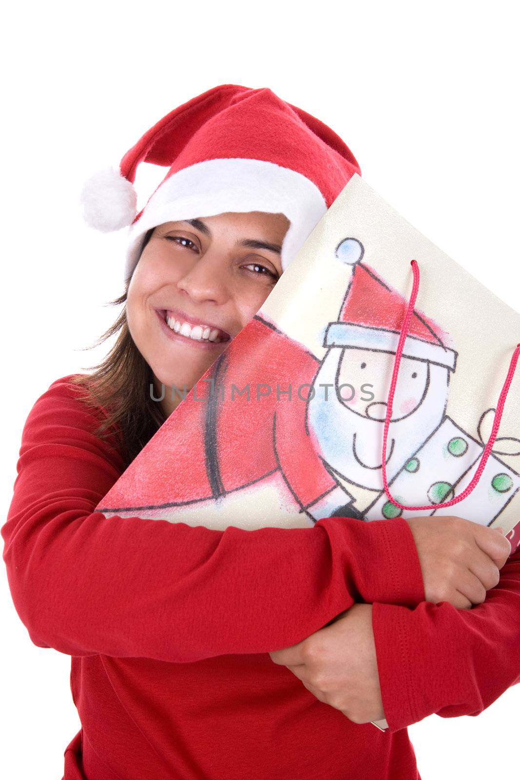 happy santa woman holding present bag in her hands by mlopes