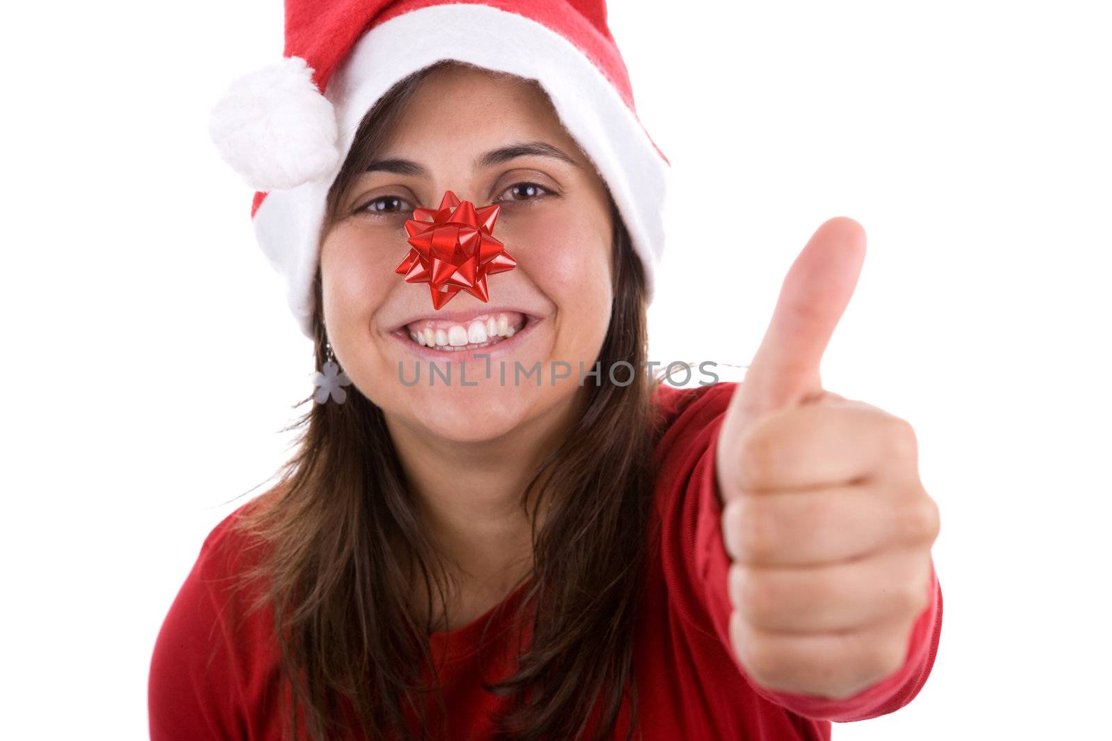 funny christmas santa woman with red ribbon on her nose. isolated on white background. landscape orientation.