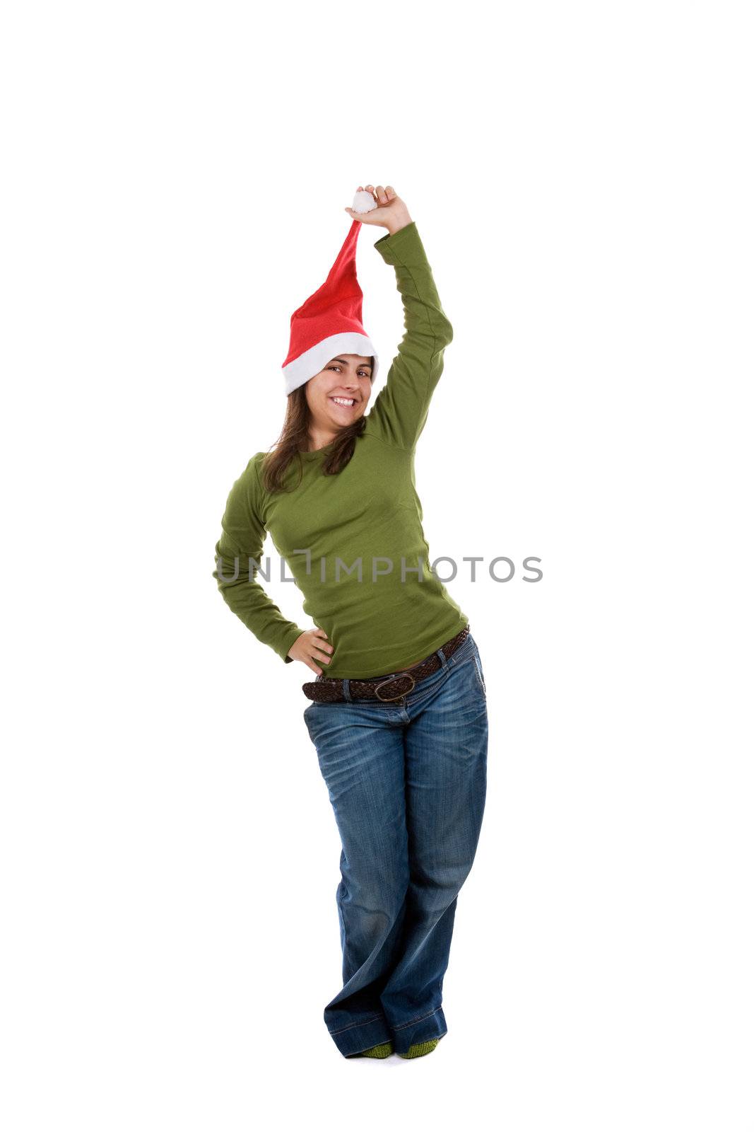 young santa woman in green shirt holding her hat. isolated on white background.