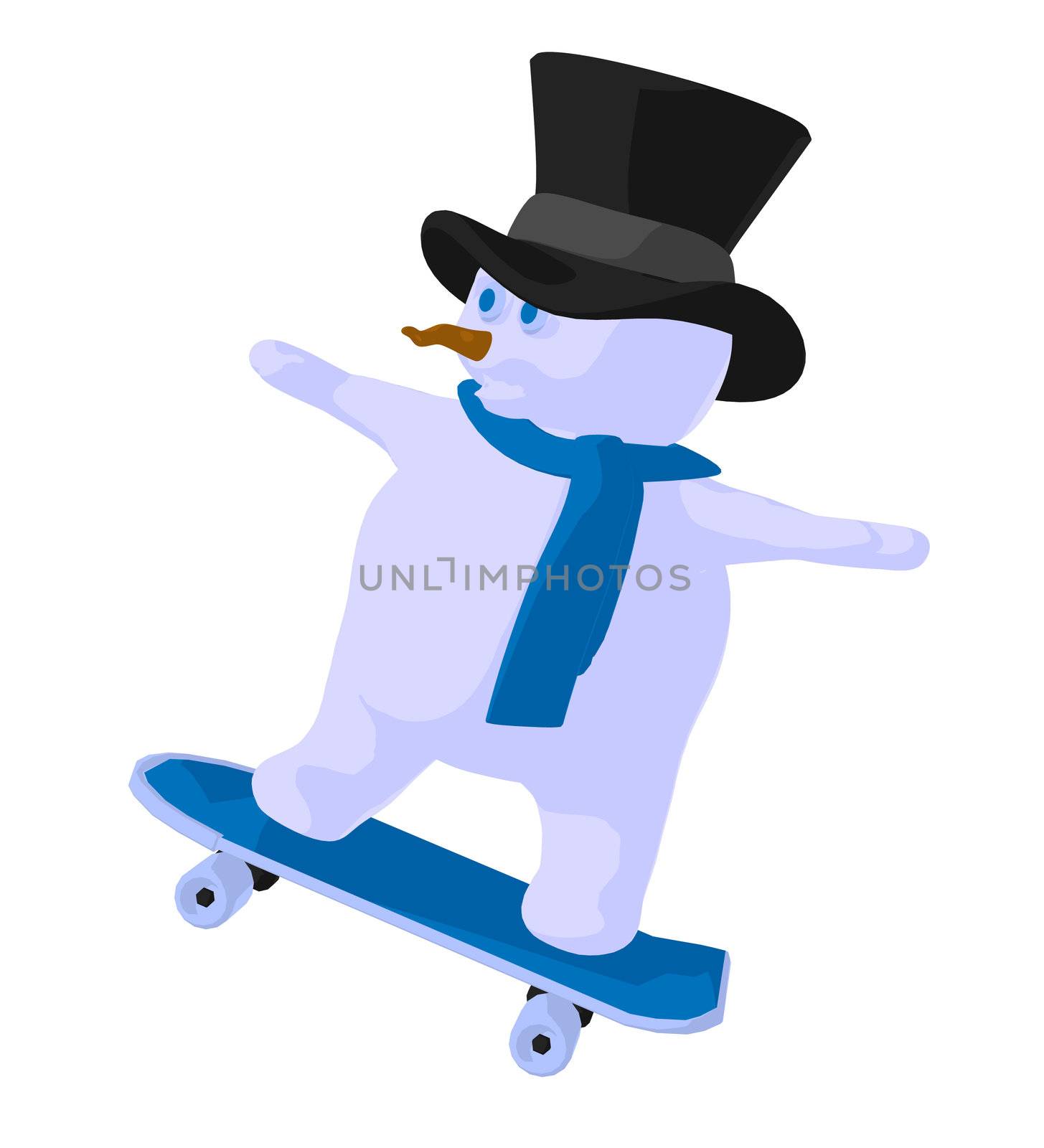 Snowman skateboarding on a white background
